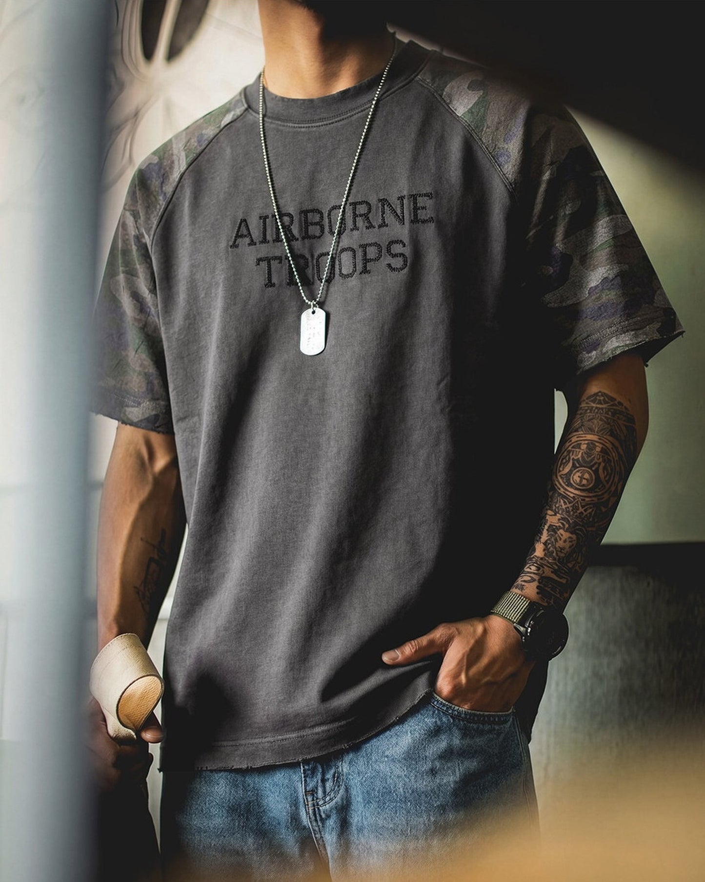 Military-Camo Raglan-Sleeve Loose Casual Short-Sleeve T-Shirt 2color 【ACT0127】