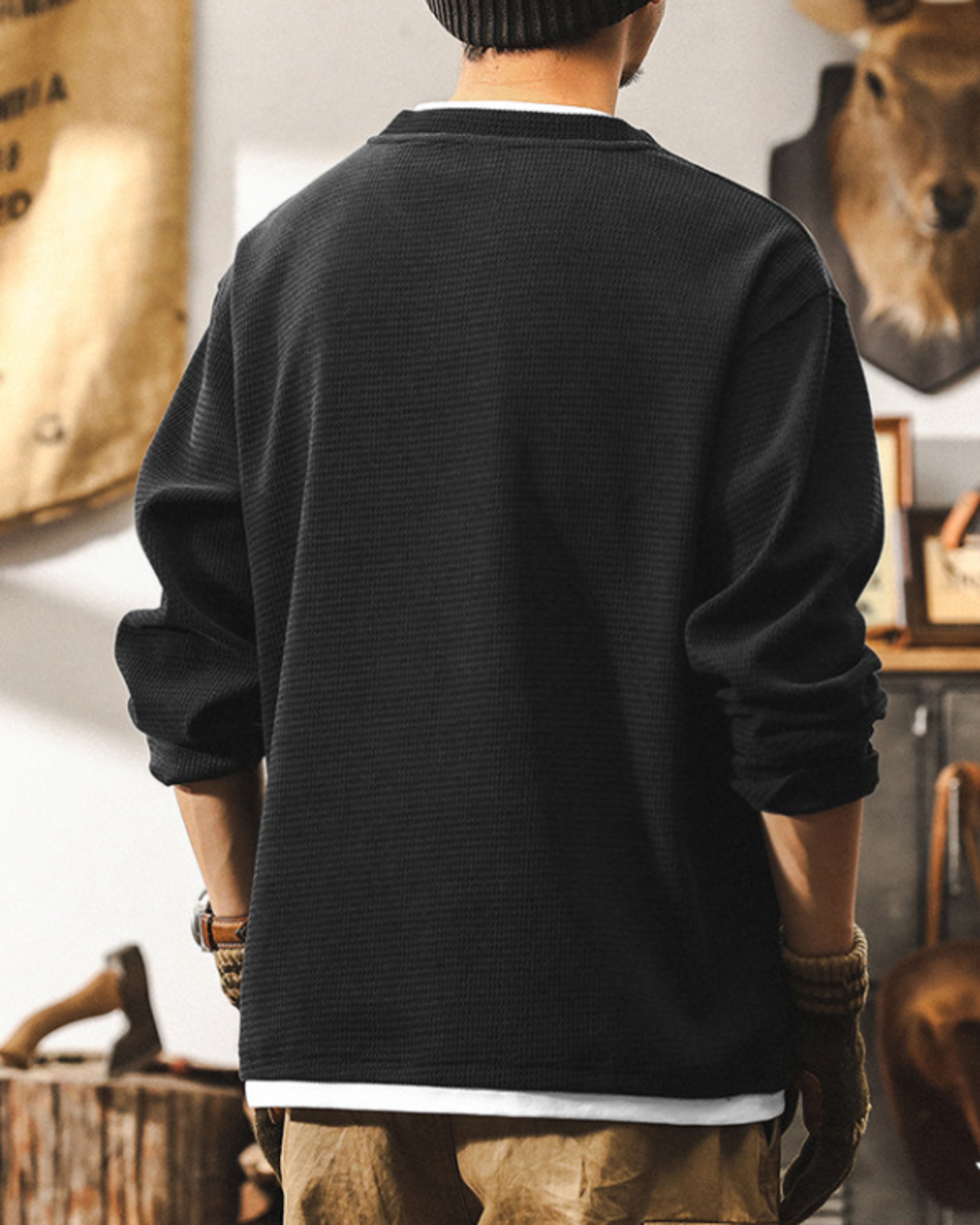 【M-4XL】waffle henley neck long sleeve shirt 【ACT0249】