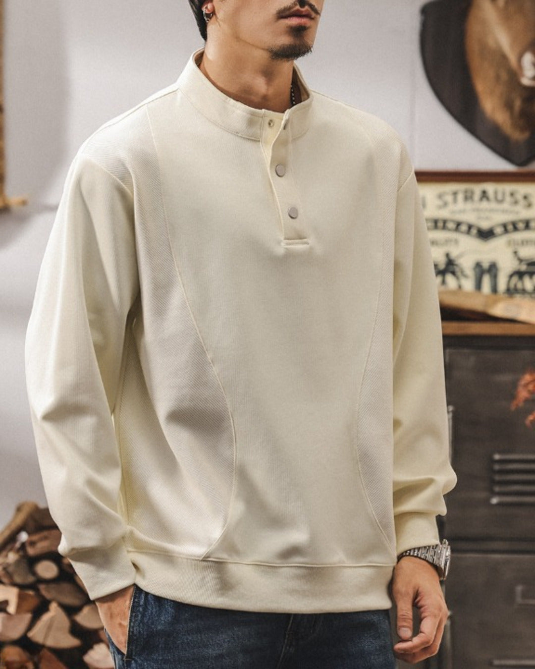【M-4XL】henley neck vintage casual sweatshirt 【ACT0259】