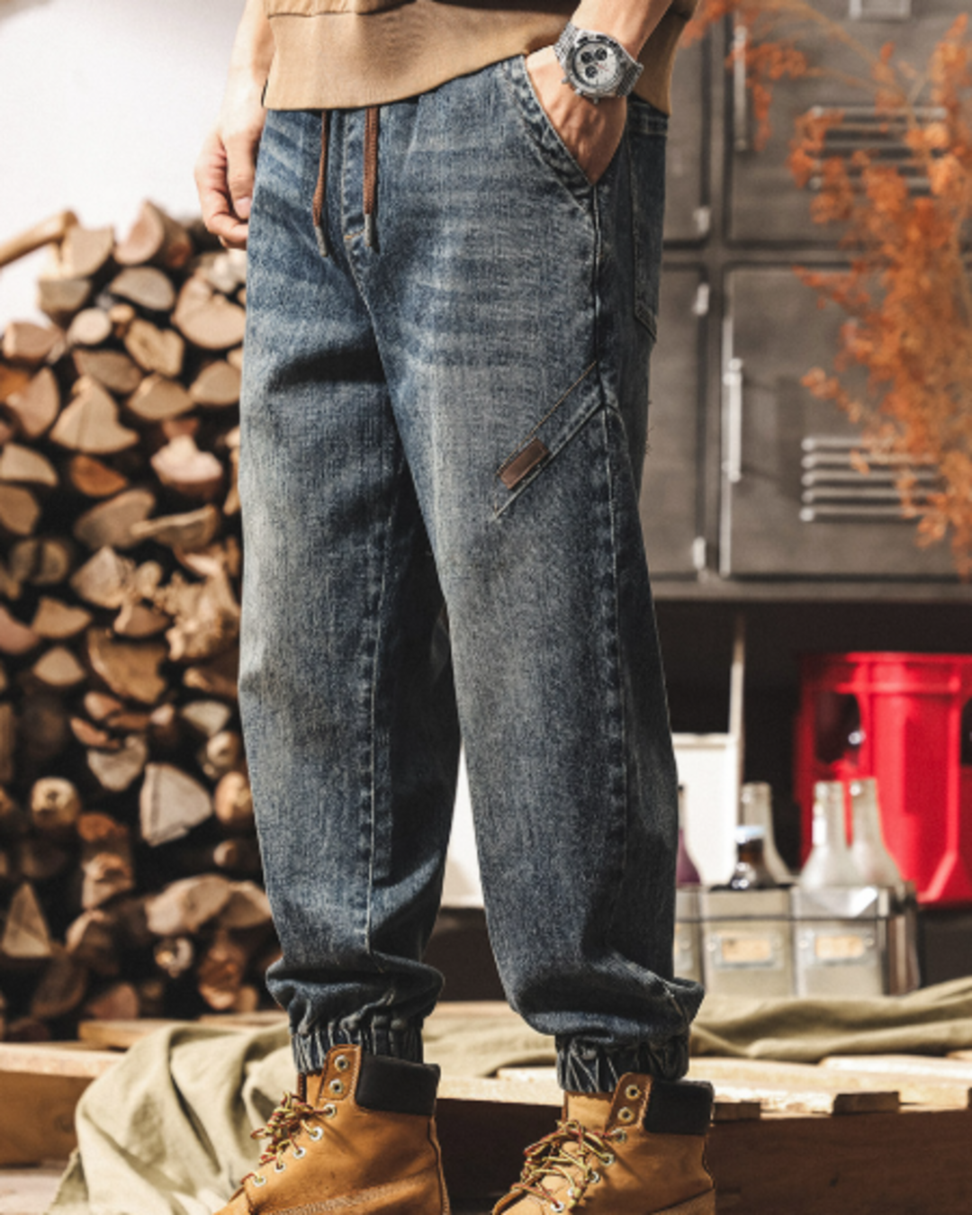 【M-4XL】vintage washed drawstring jogger denim pants 【ACT0253】