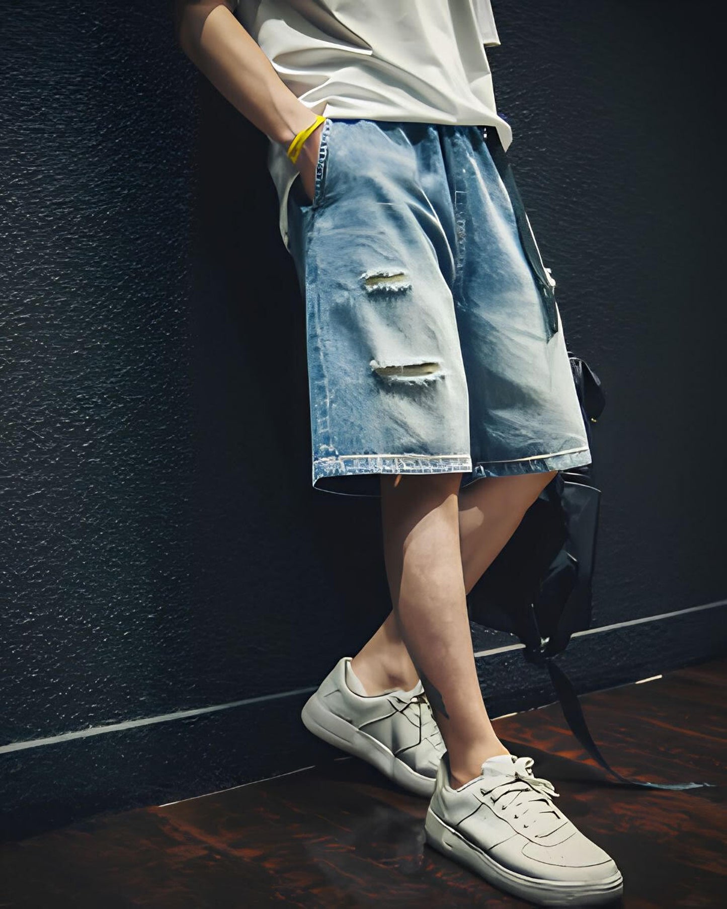 damage processed belted denim half pants 【ACT0005】