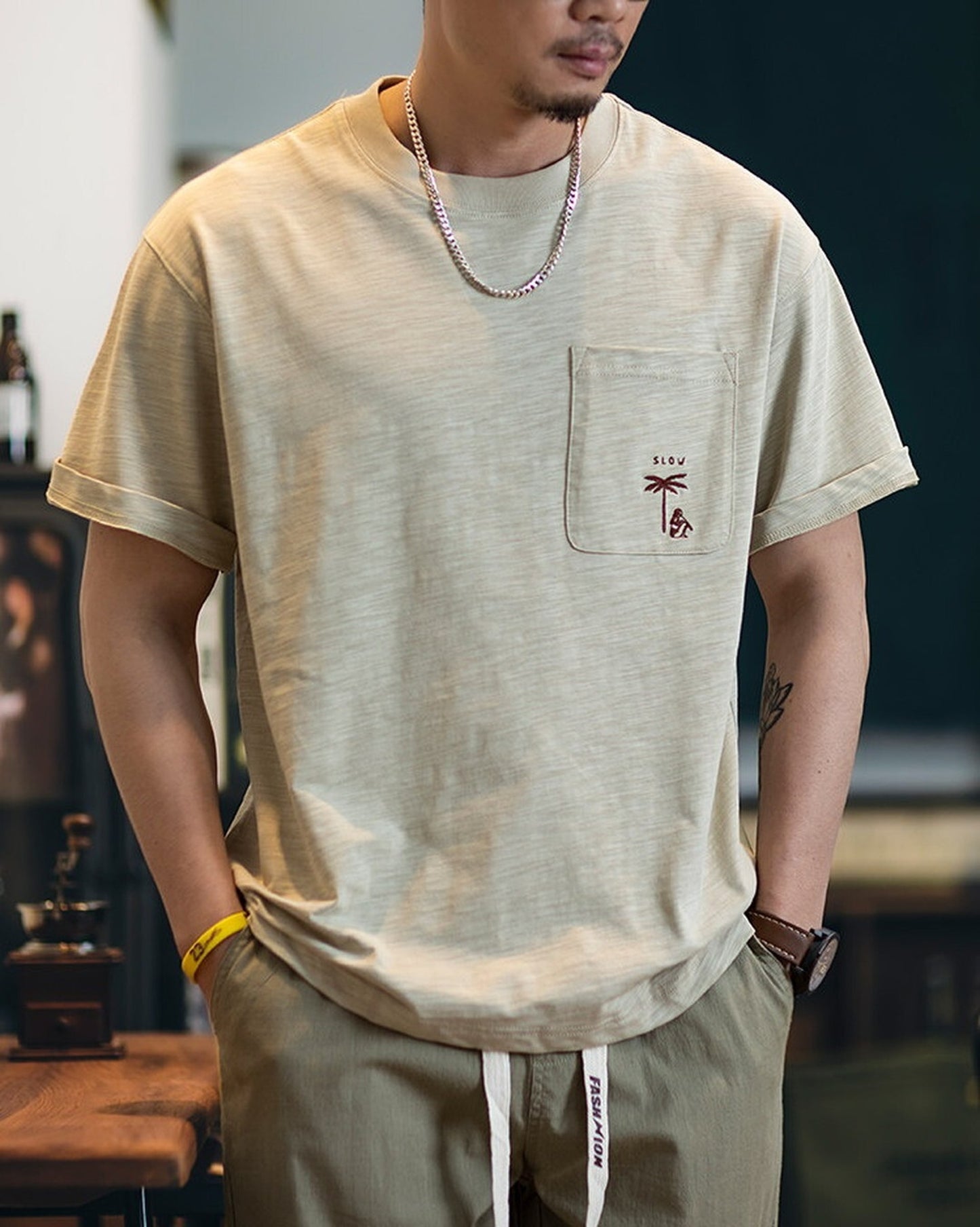 Palm-Tree-Embroidery Chest-Pocket Relaxed T-Shirt 2color 【ACT0087】