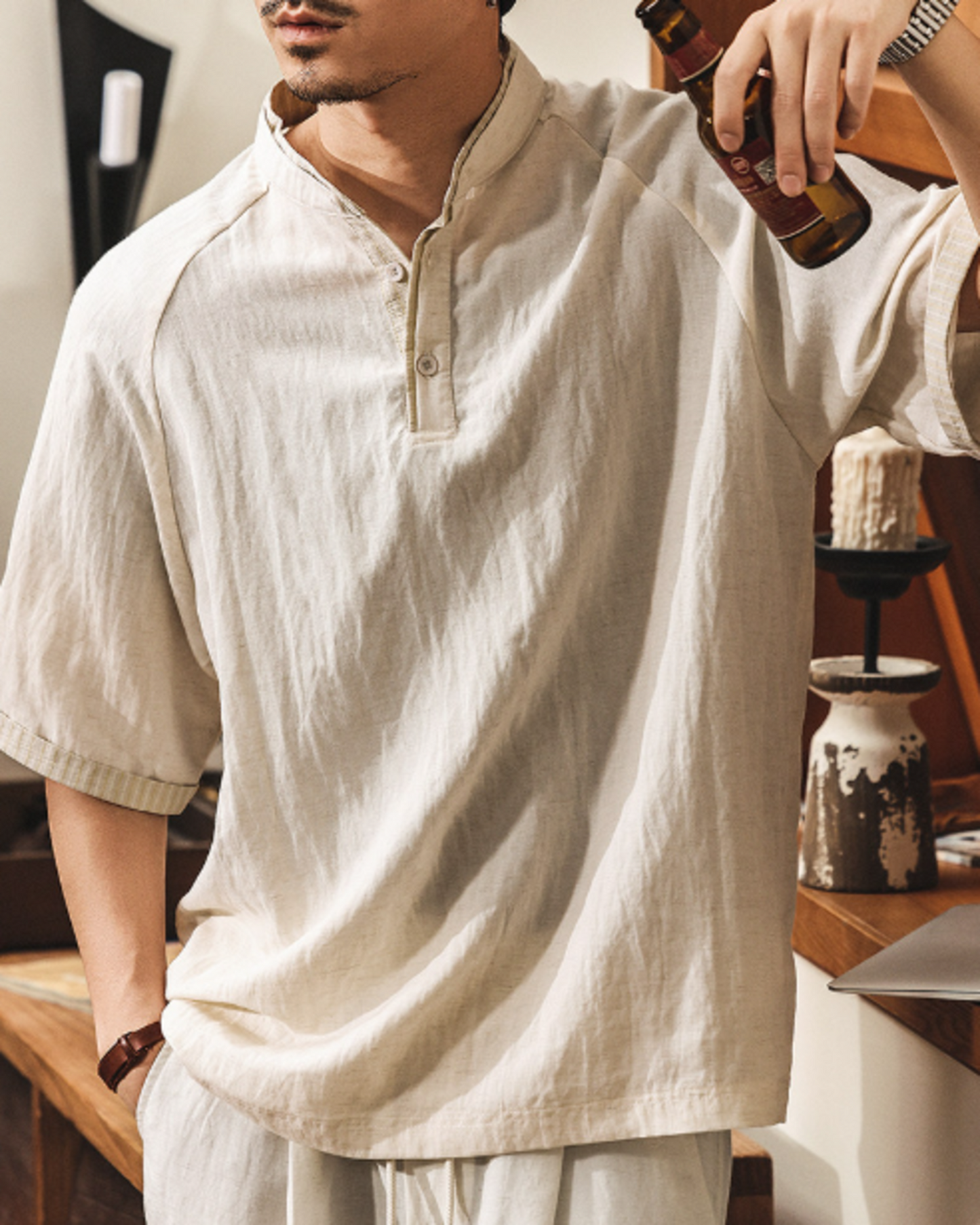 band collar henley neck short sleeve shirt 2color 【ACT0166】