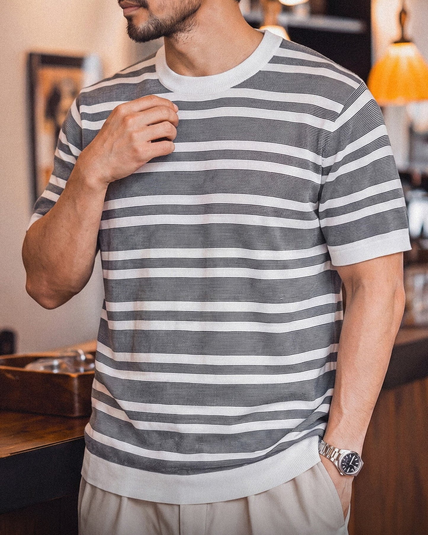Striped Relaxed Fit Knit Short Sleeve Polo Shirt 2color 【ACT0120】