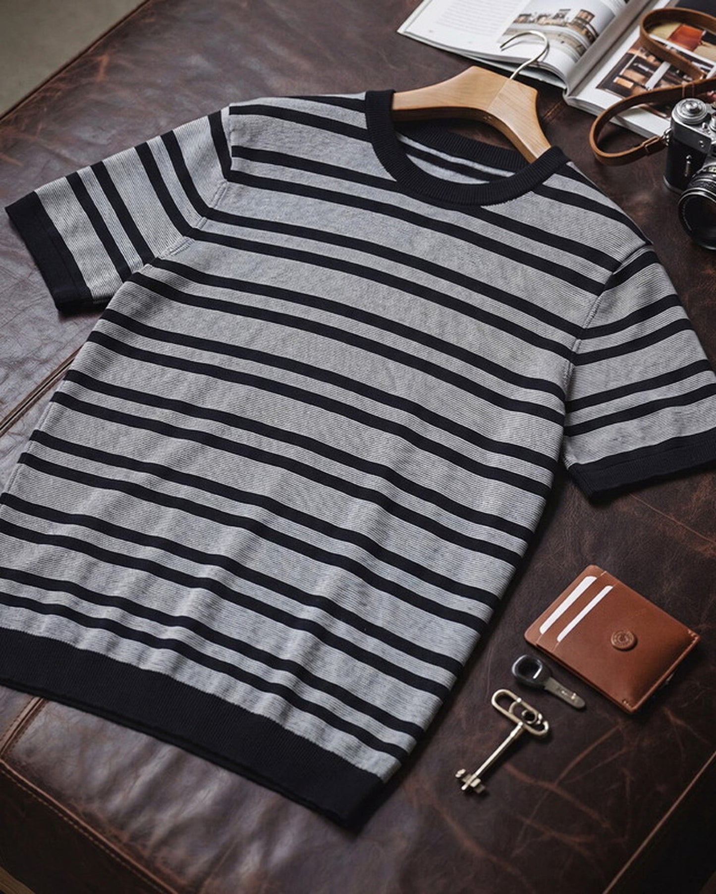 Short Sleeve Relaxed Fit Striped Crew Neck Knit T-Shirt 2color 【ACT0123】