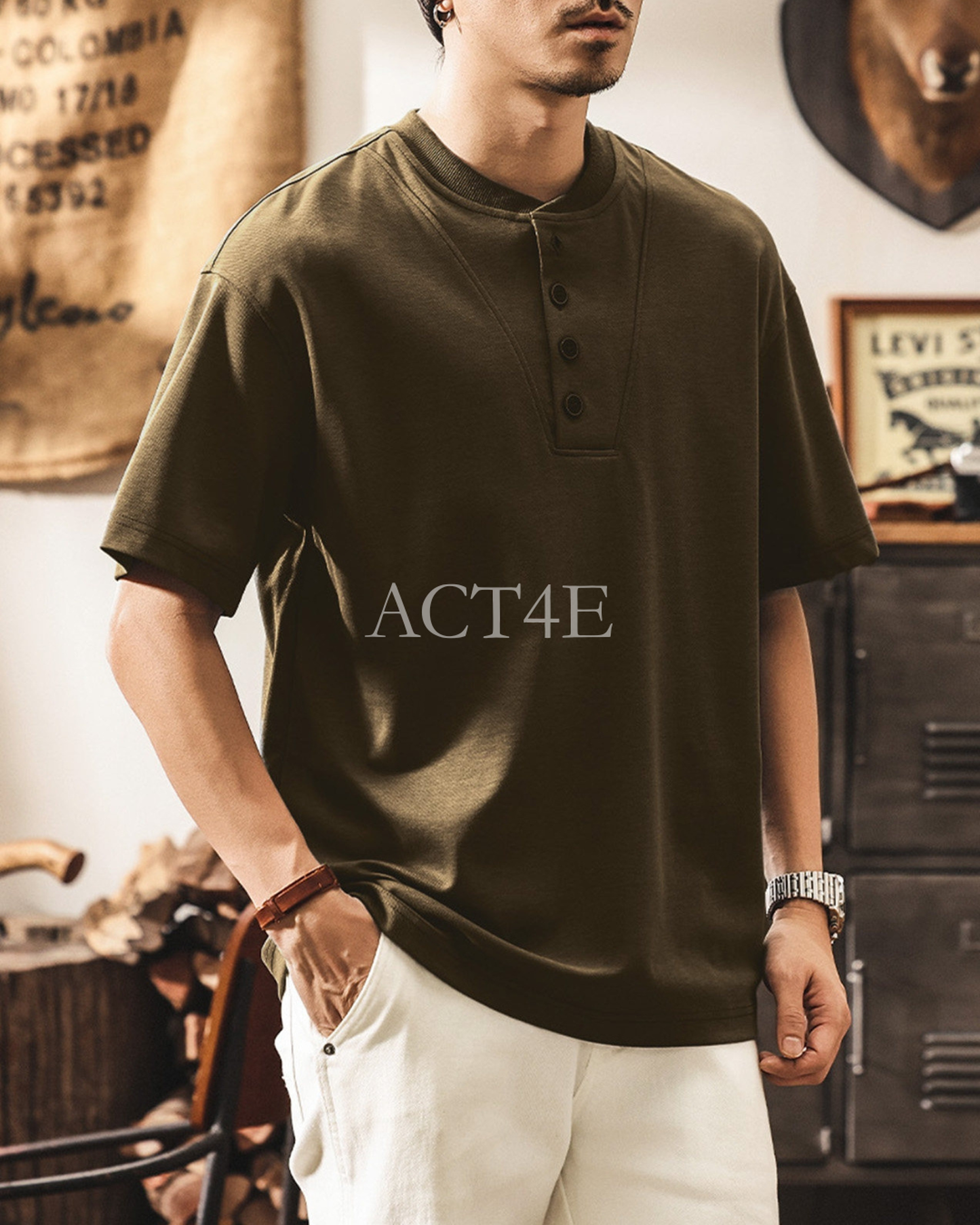 american retro henley neck short sleeve t-shirt 2color 【ACT0161】