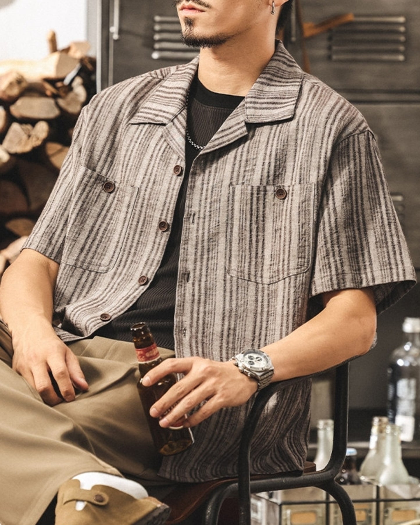 cuban collar linen loose short sleeve shirt 3color 【ACT0231】
