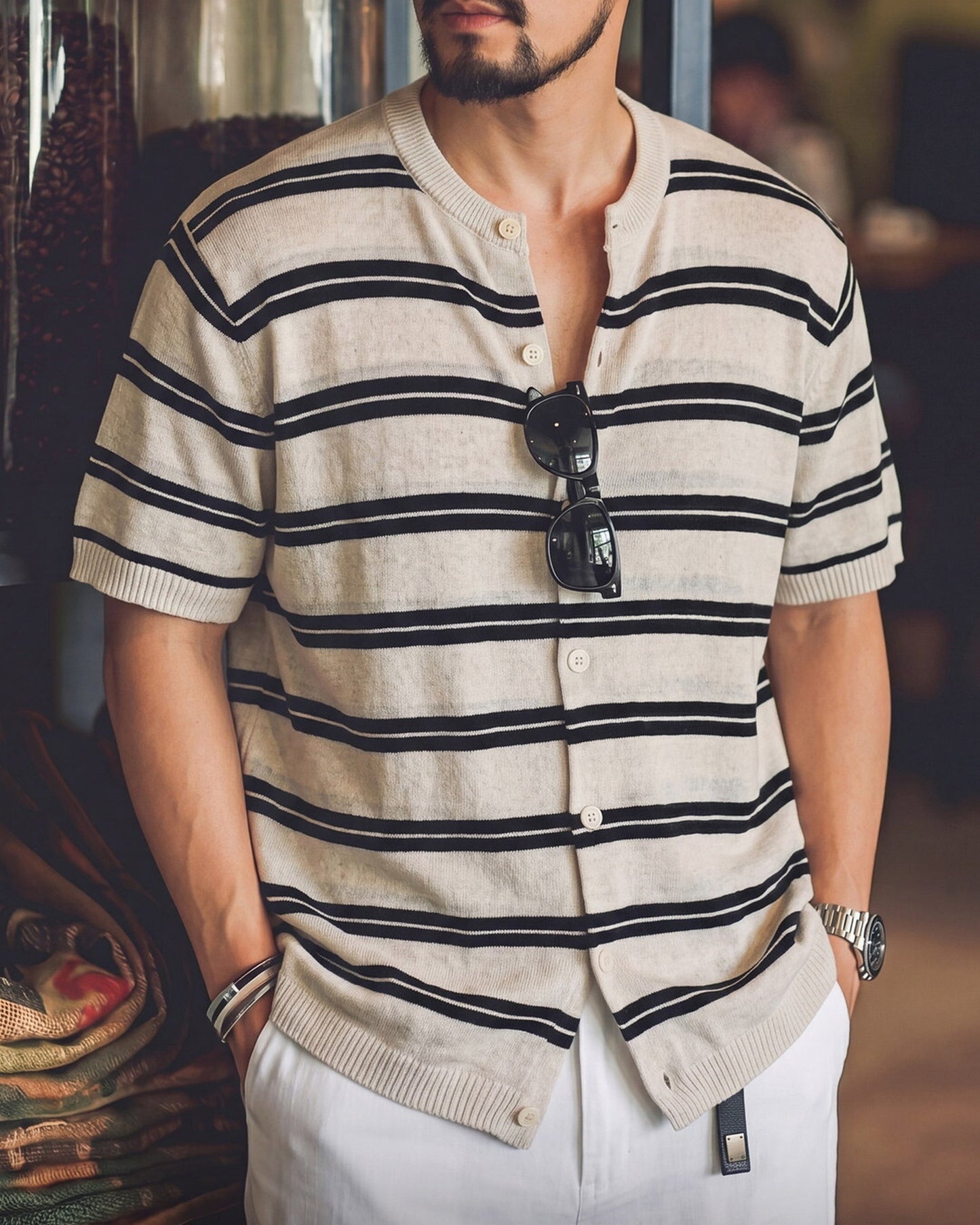 Striped Relaxed Fit Knit Short Sleeve Polo Shirt 2color 【ACT0117】
