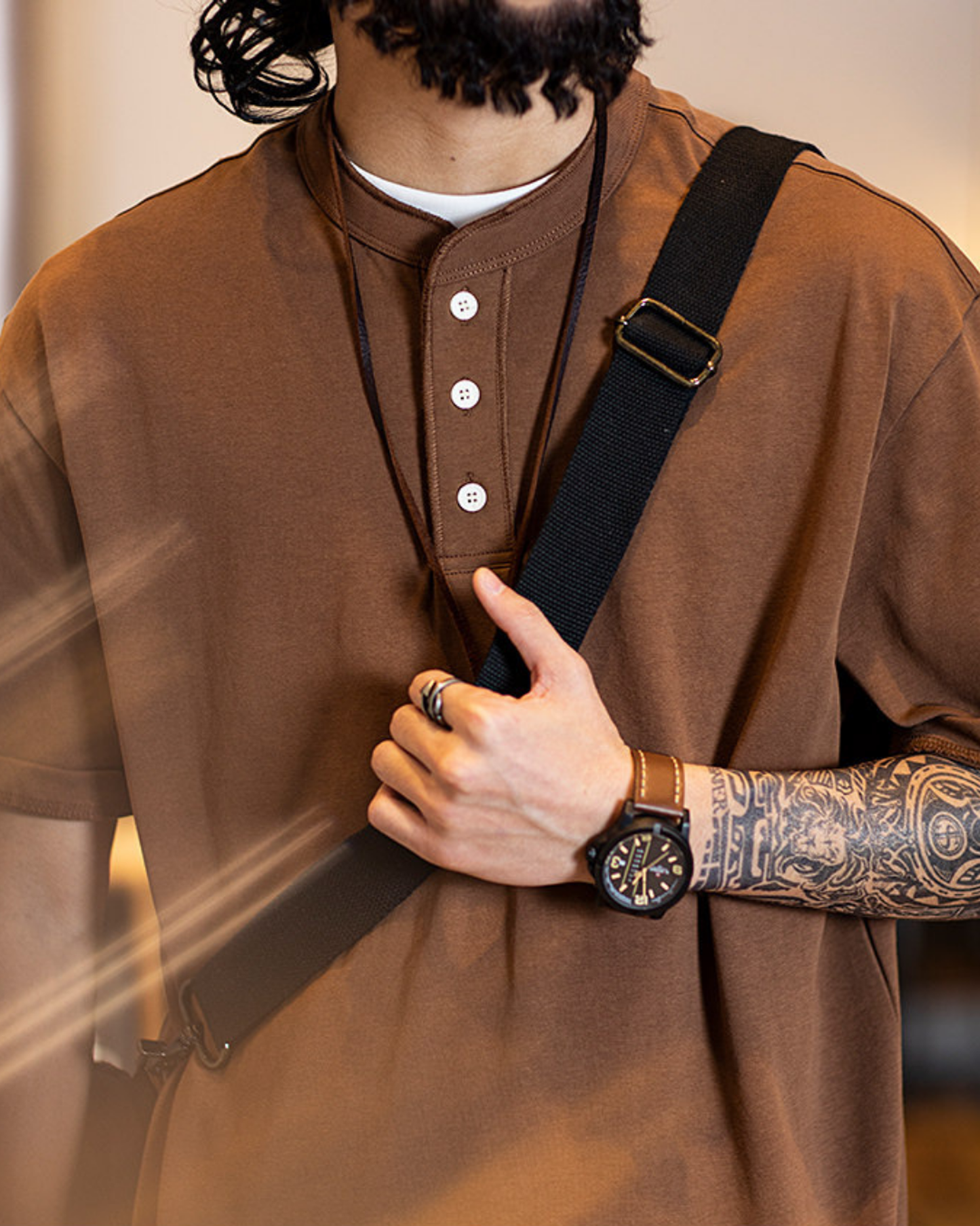 Button detail casual neck t-shirt 4color 【ACT0154】