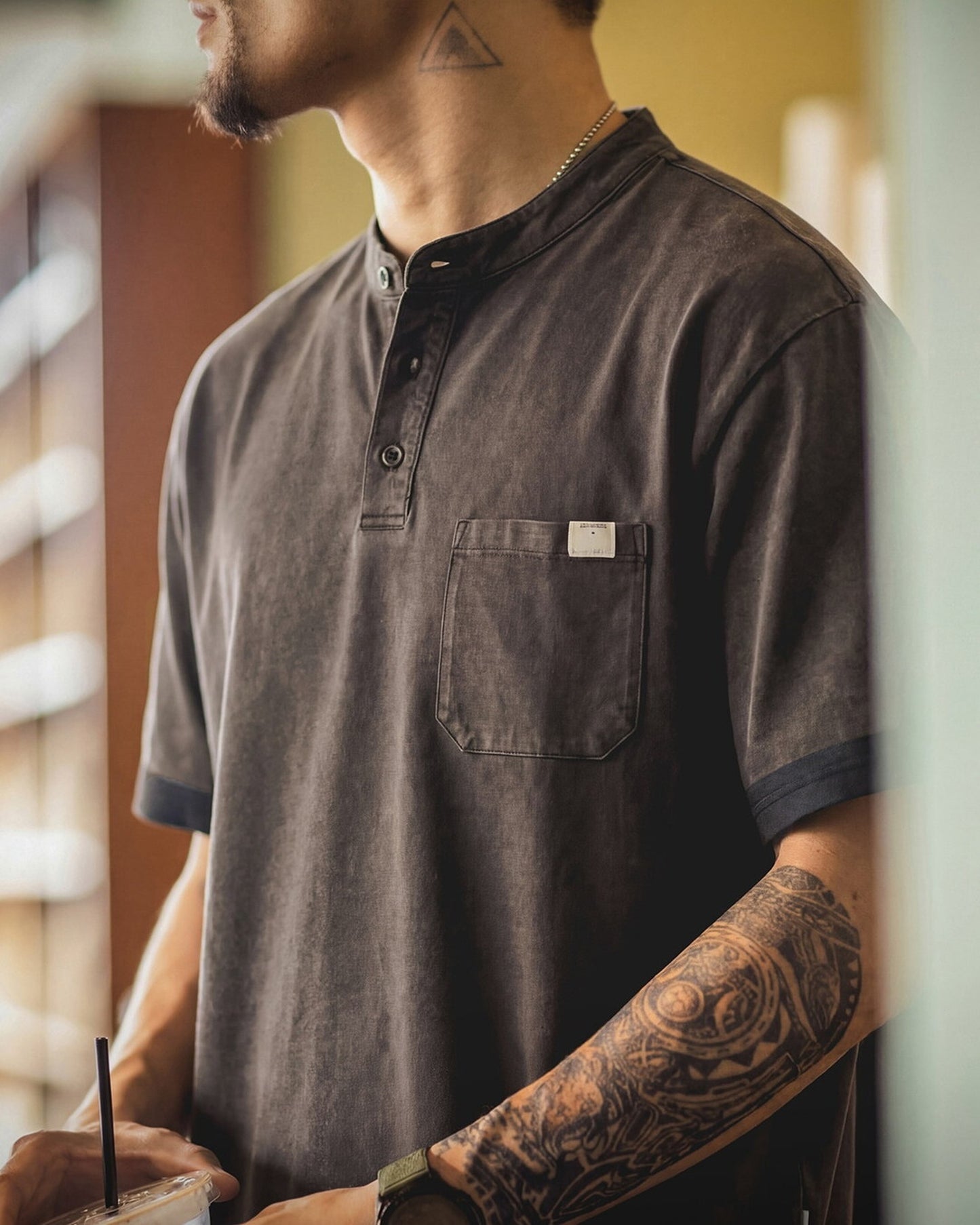Henley-Neck Pocket-Detail Loose Casual Short-Sleeve T-Shirt 【ACT0128】