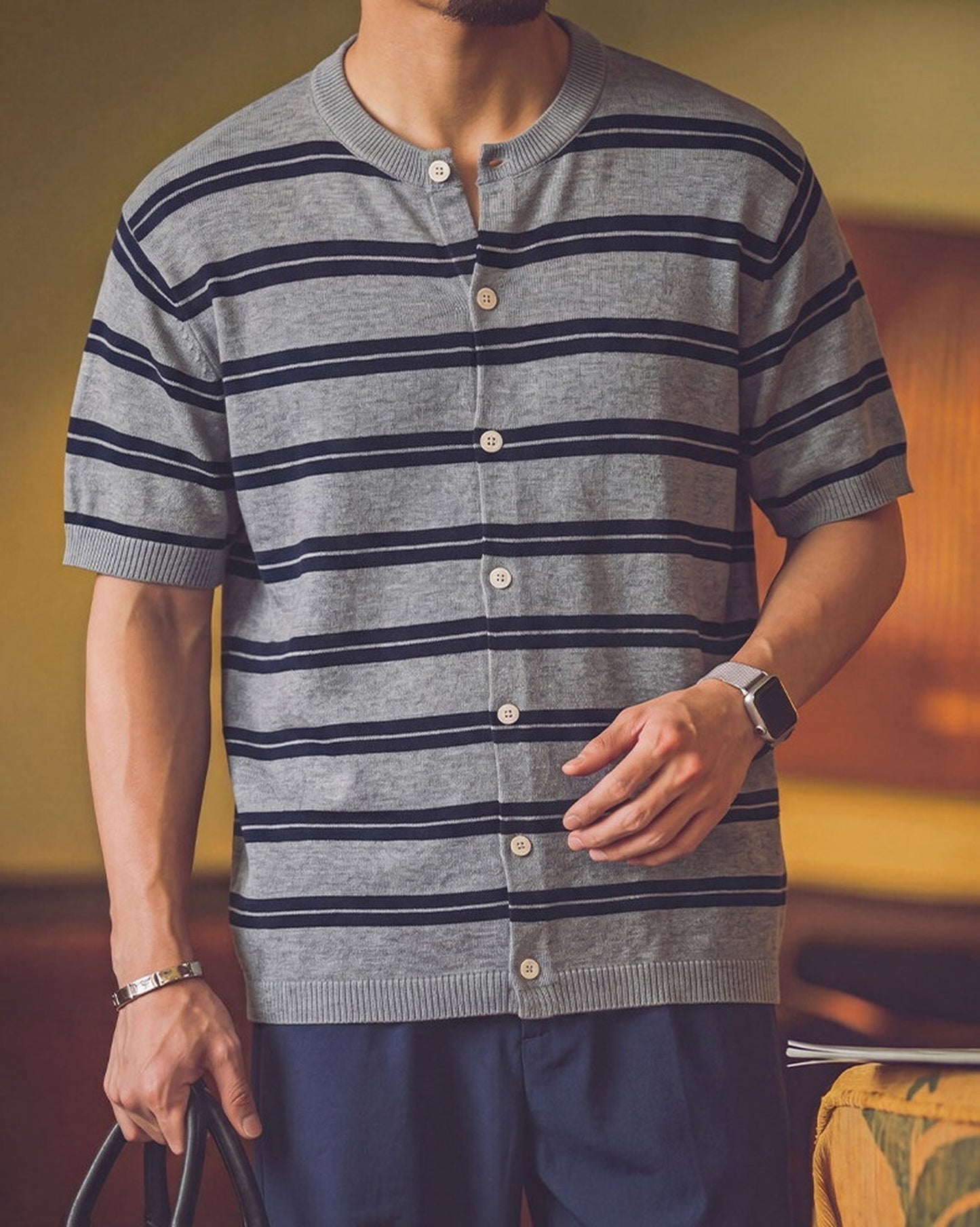 Striped Relaxed Fit Knit Short Sleeve Polo Shirt 2color 【ACT0117】