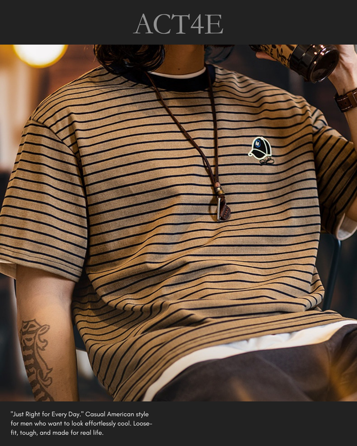 Relaxed Fit Fine Striped Patch Casual T-Shirt 【ACT0124】