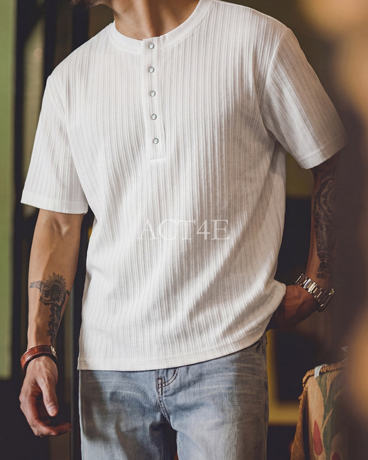 Vintage Ribbed-Knit Henley-Neck Casual T-Shirt 2color 【ACT0098】