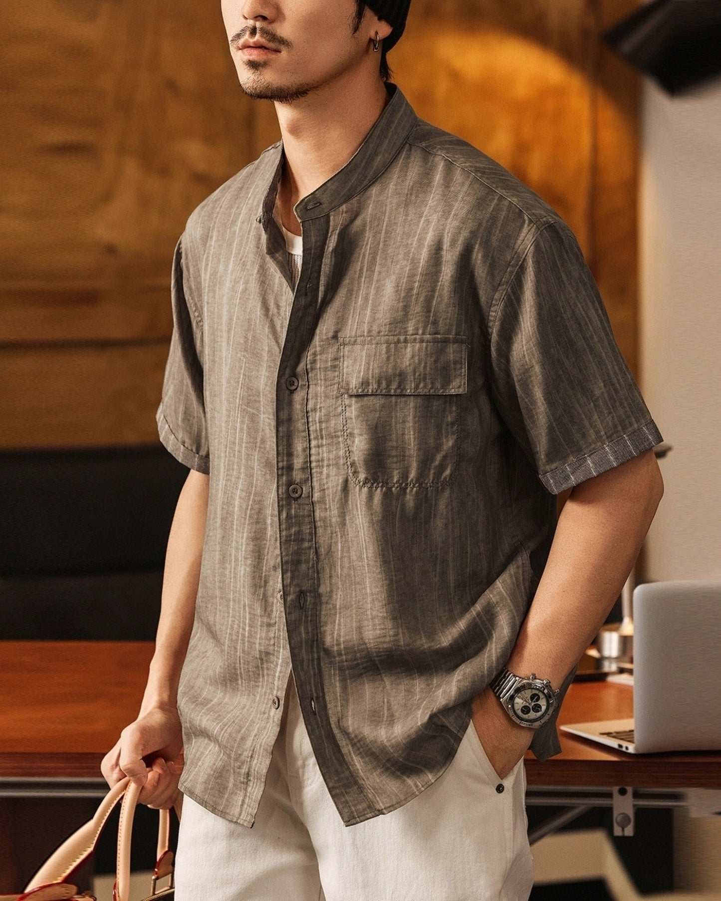 old money style striped short sleeve shirt 【ACT0171】