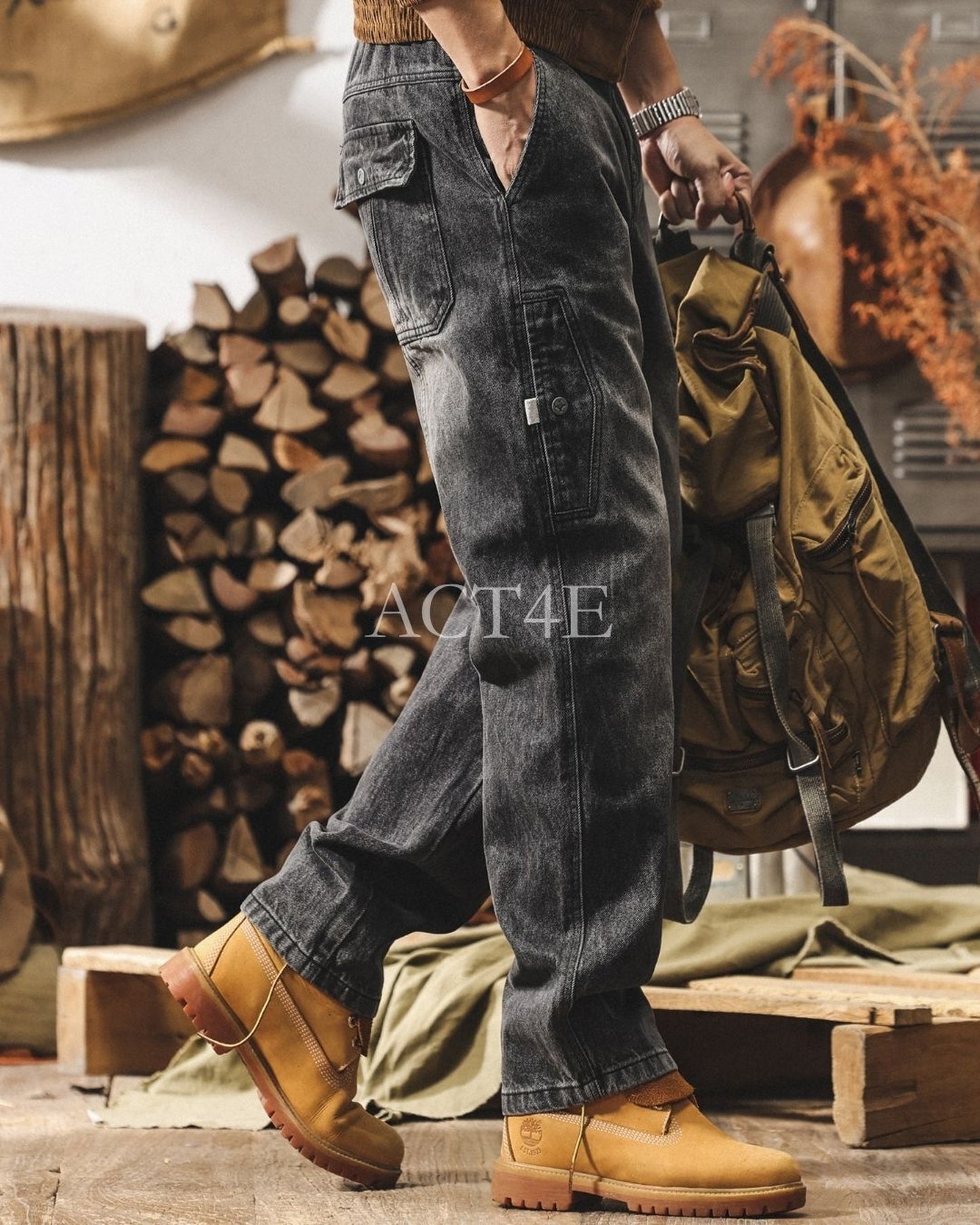 vintage wash loose straight cargo denim pants 2color 【ACT0223】