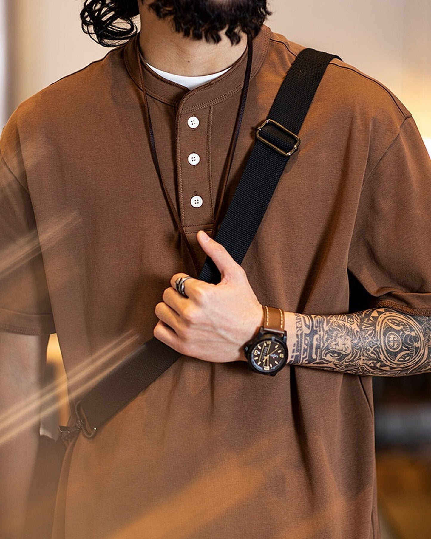 Henley-Neck Casual Loose Short-Sleeve T-Shirt 4color 【ACT0076】