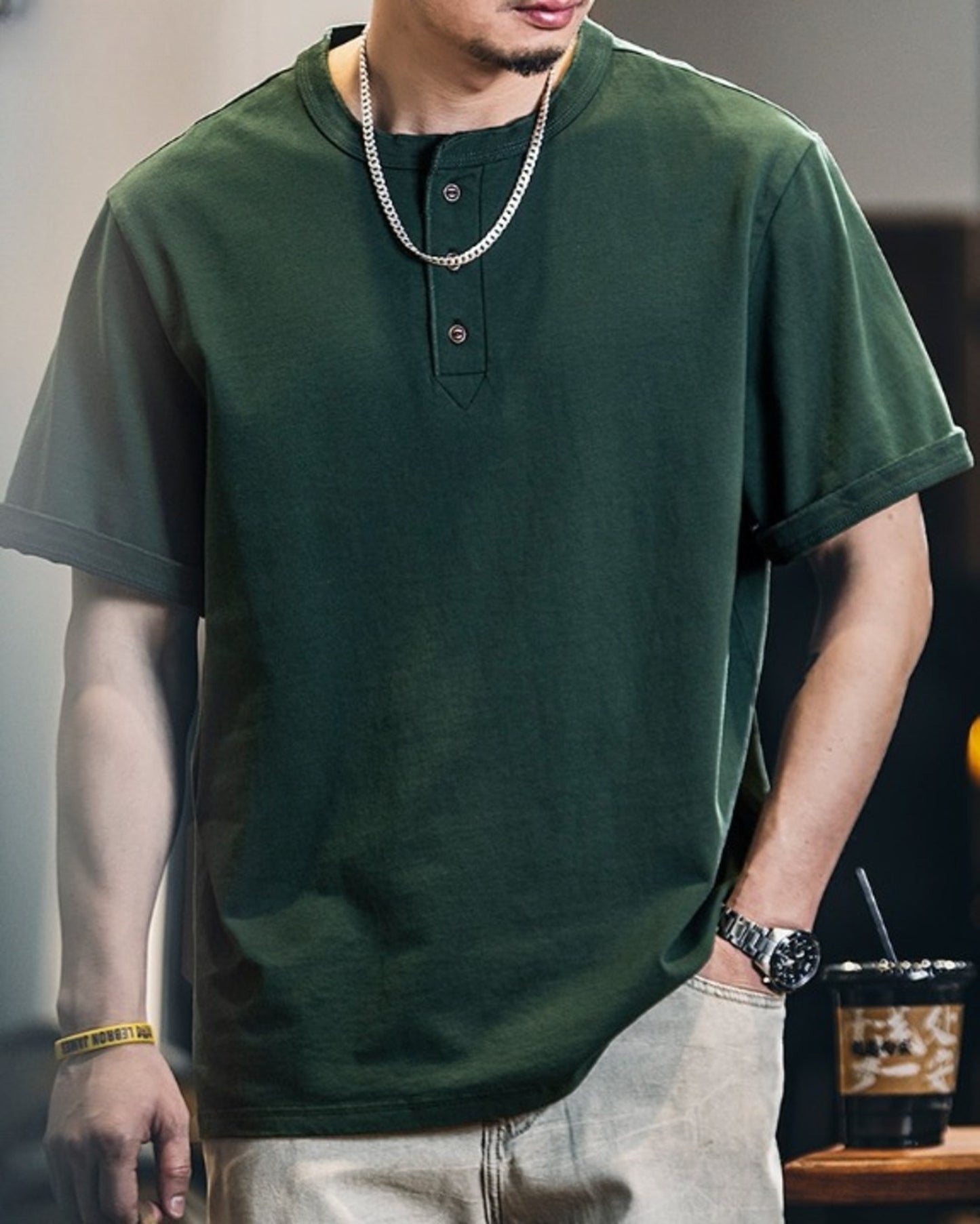 vintage henley neck solid short sleeve t-shirt 5color 【ACT0158】
