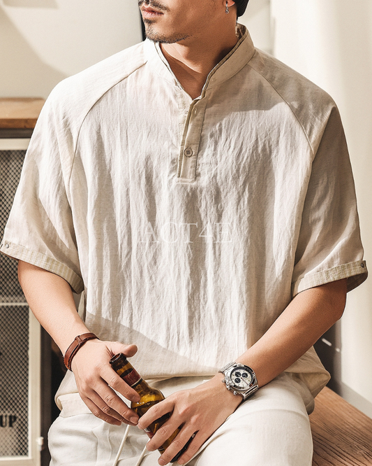 band collar henley neck short sleeve shirt 2color 【ACT0166】
