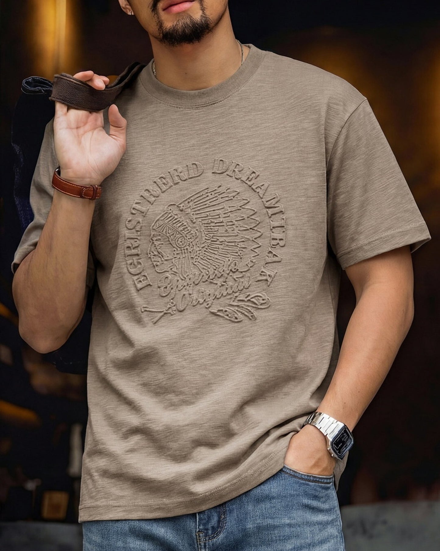 Embossed Relaxed Fit Graphic Slub Casual T-Shirt 2color 【ACT0111】
