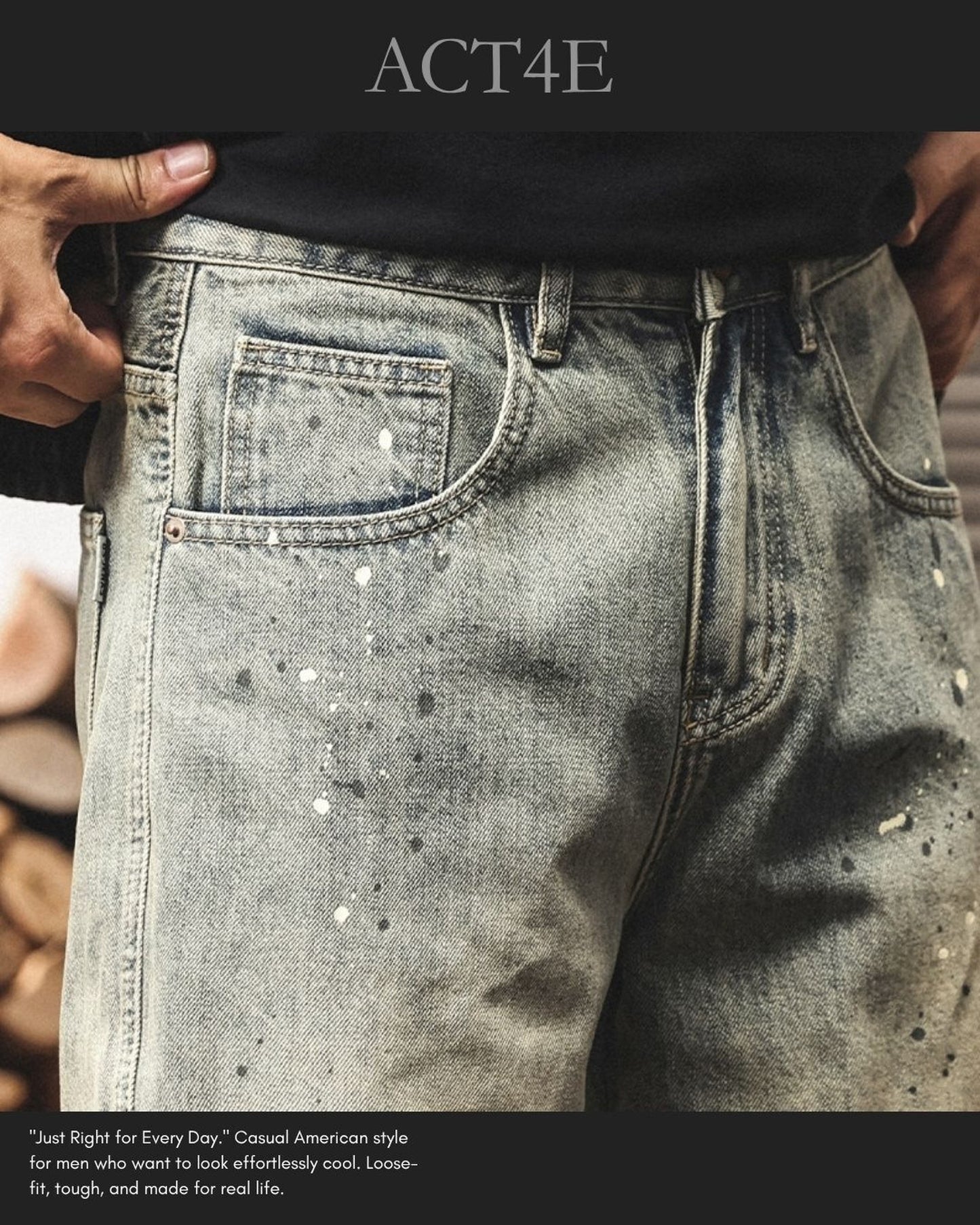 vintage wash splash loose straight denim pants 【ACT0225】