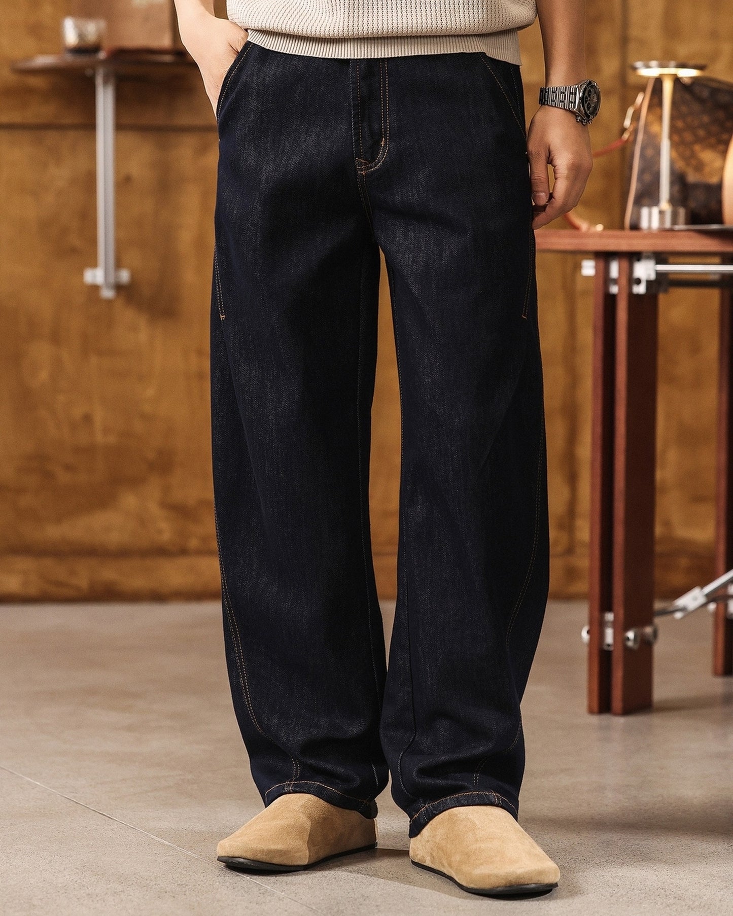 vintage raw wash curved wide denim pants 【ACT0214】