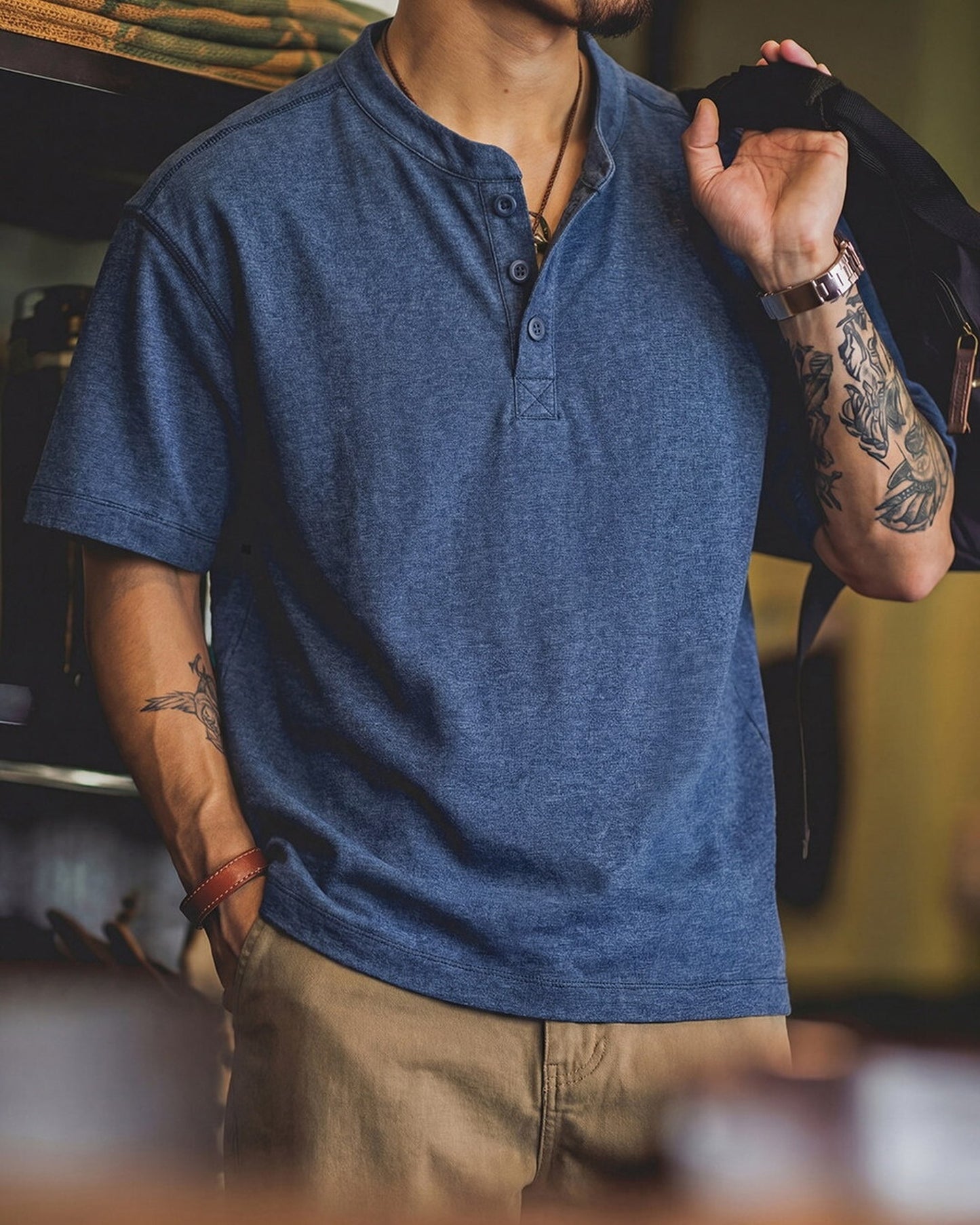 Short-Sleeve Cotton Henley-Neck Loose Casual T-Shirt 2color 【ACT0125】