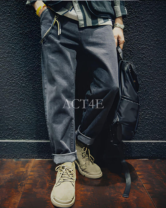 drawstring processed wide straight denim pants 【ACT0022】
