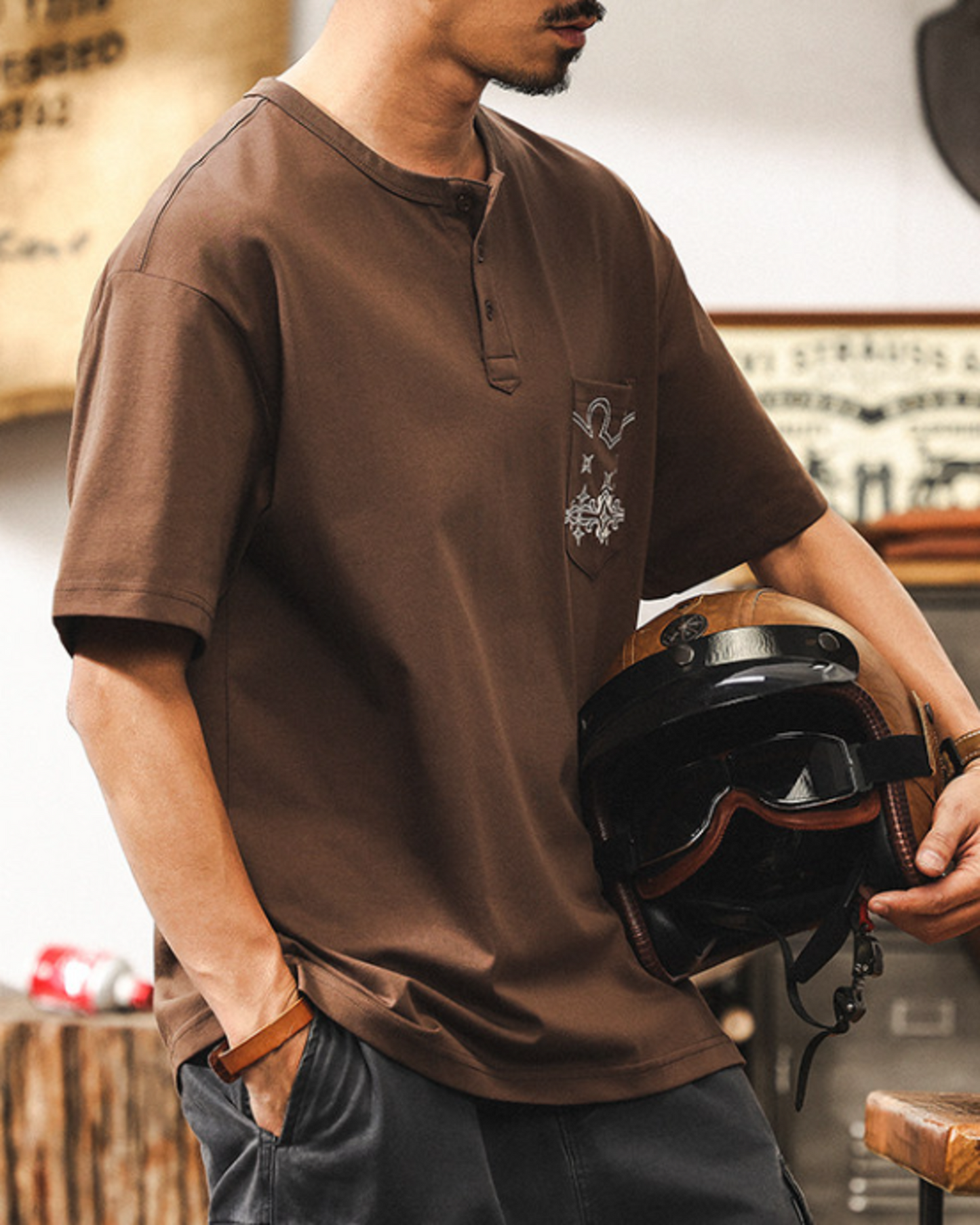 embroidery pocket henley neck short sleeve T-shirt 【ACT0234】