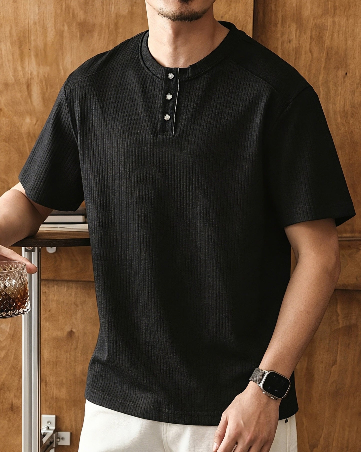 henley neck short sleeve T-shirt 4color 【ACT0235】