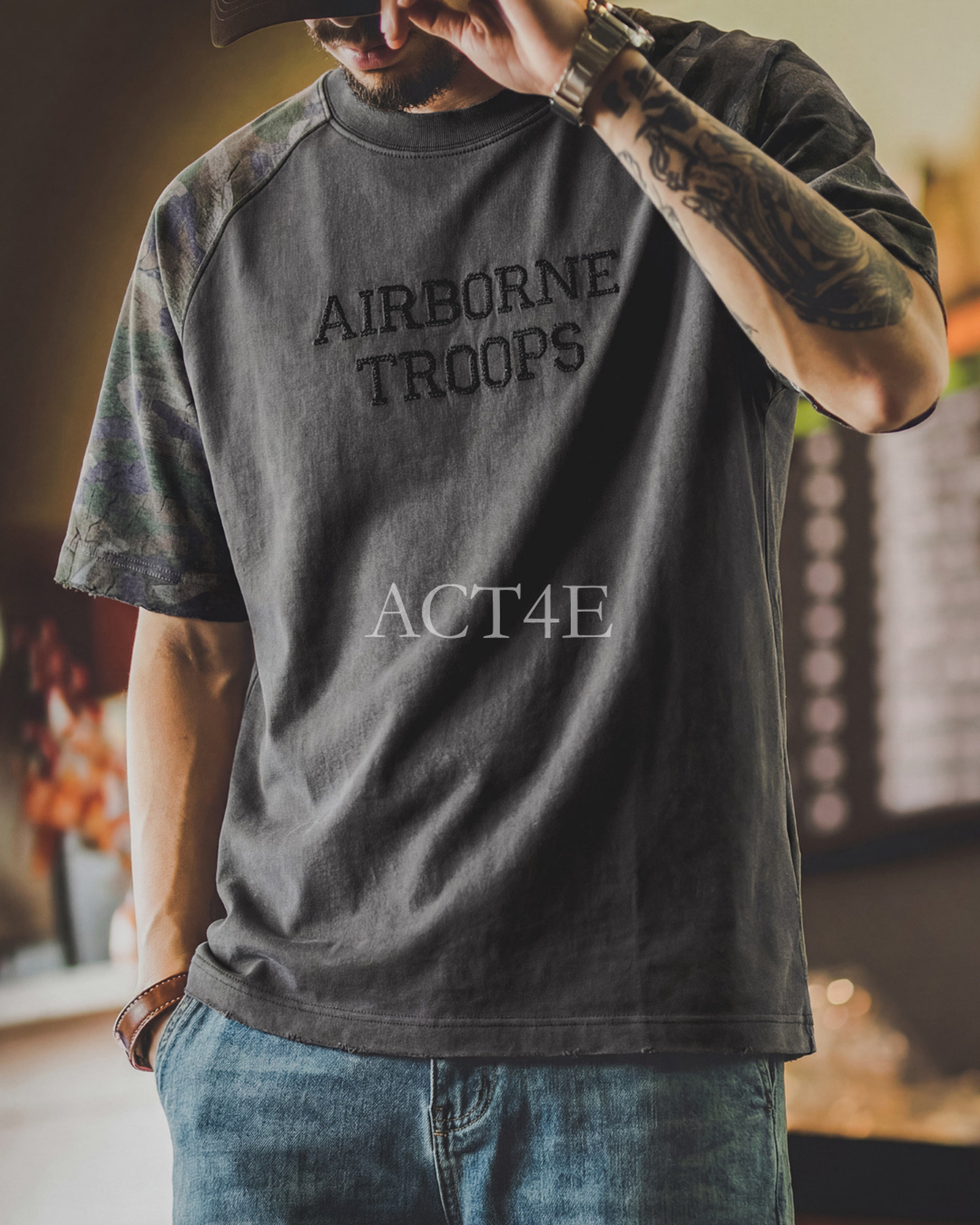 Military-Camo Raglan-Sleeve Loose Casual Short-Sleeve T-Shirt 2color 【ACT0127】
