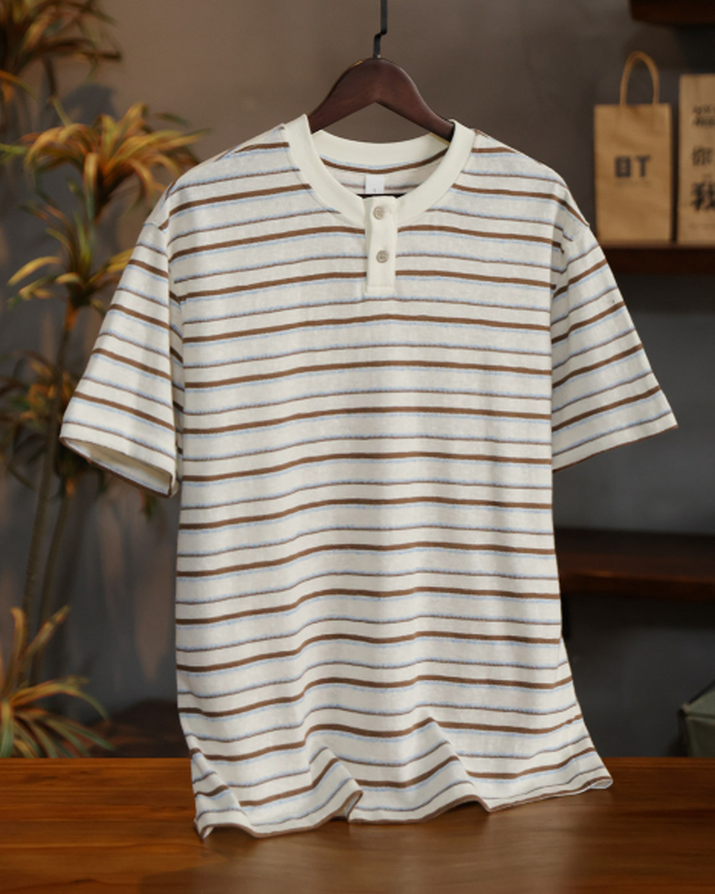 Stripe Henley-Neck Casual Loose Short-Sleeve T-Shirt 【ACT0071】