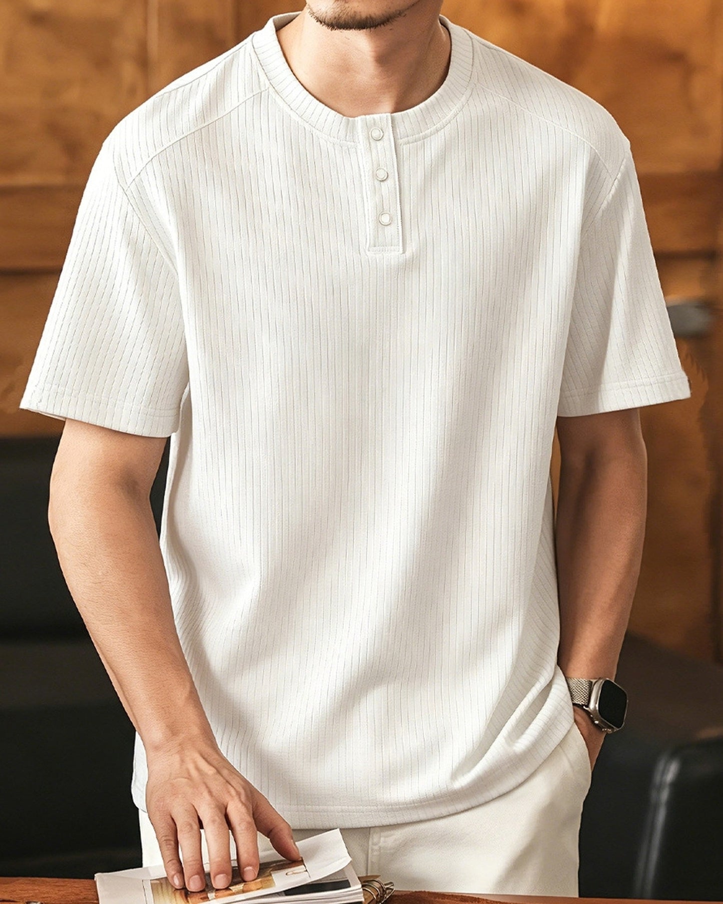 henley neck short sleeve T-shirt 4color 【ACT0235】