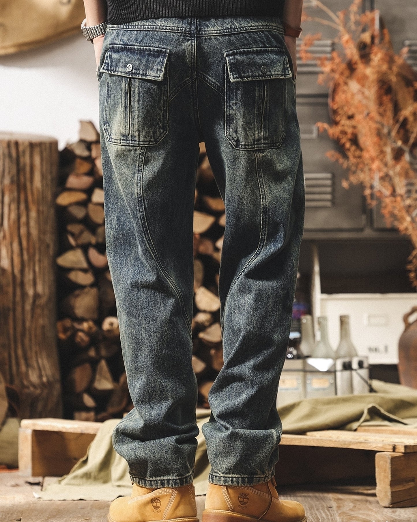 vintage wash loose straight cargo denim pants 2color 【ACT0223】