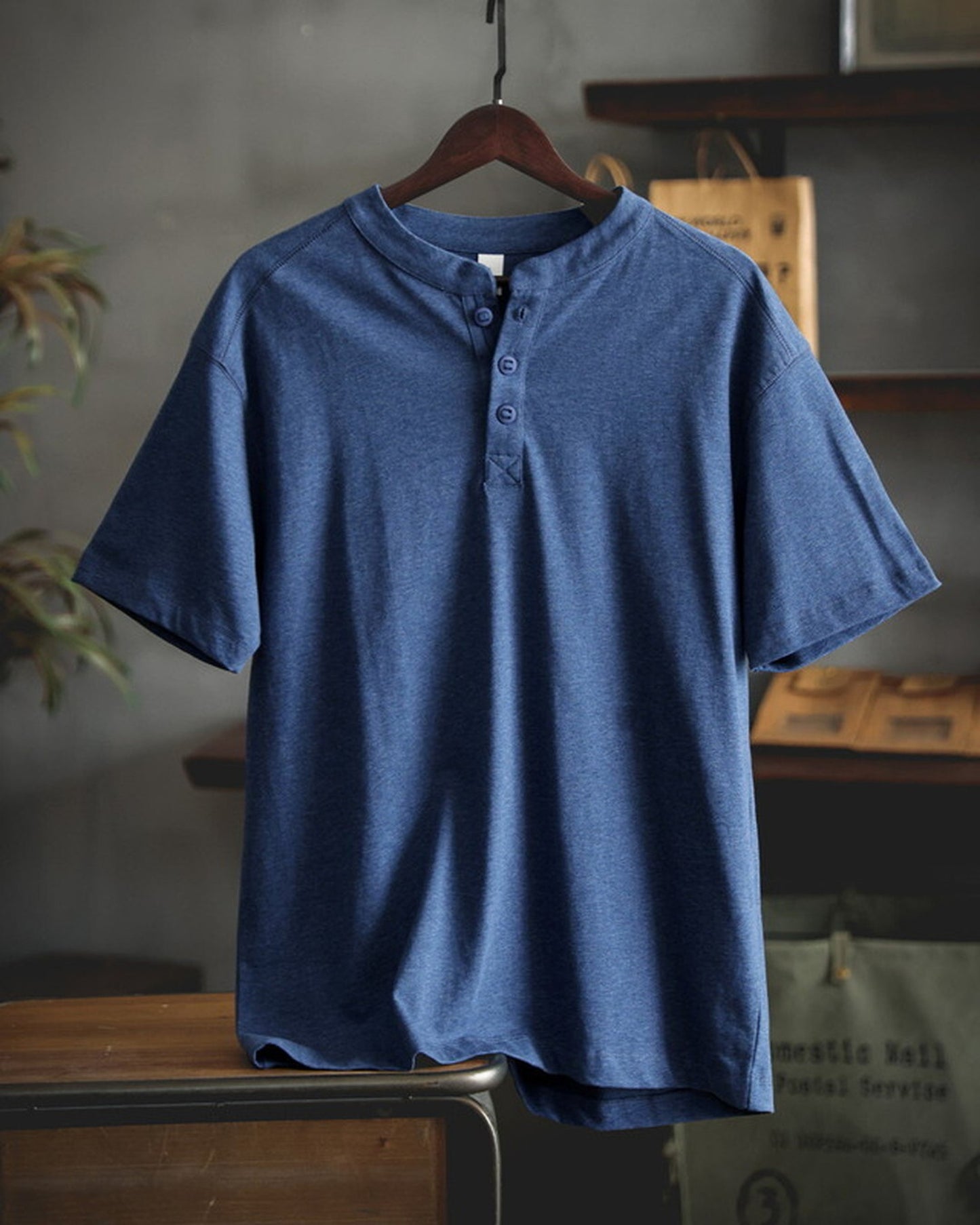 Henley-Neck Slub-Cotton Loose-Casual Short-Sleeve T-Shirt 2color 【ACT0126】