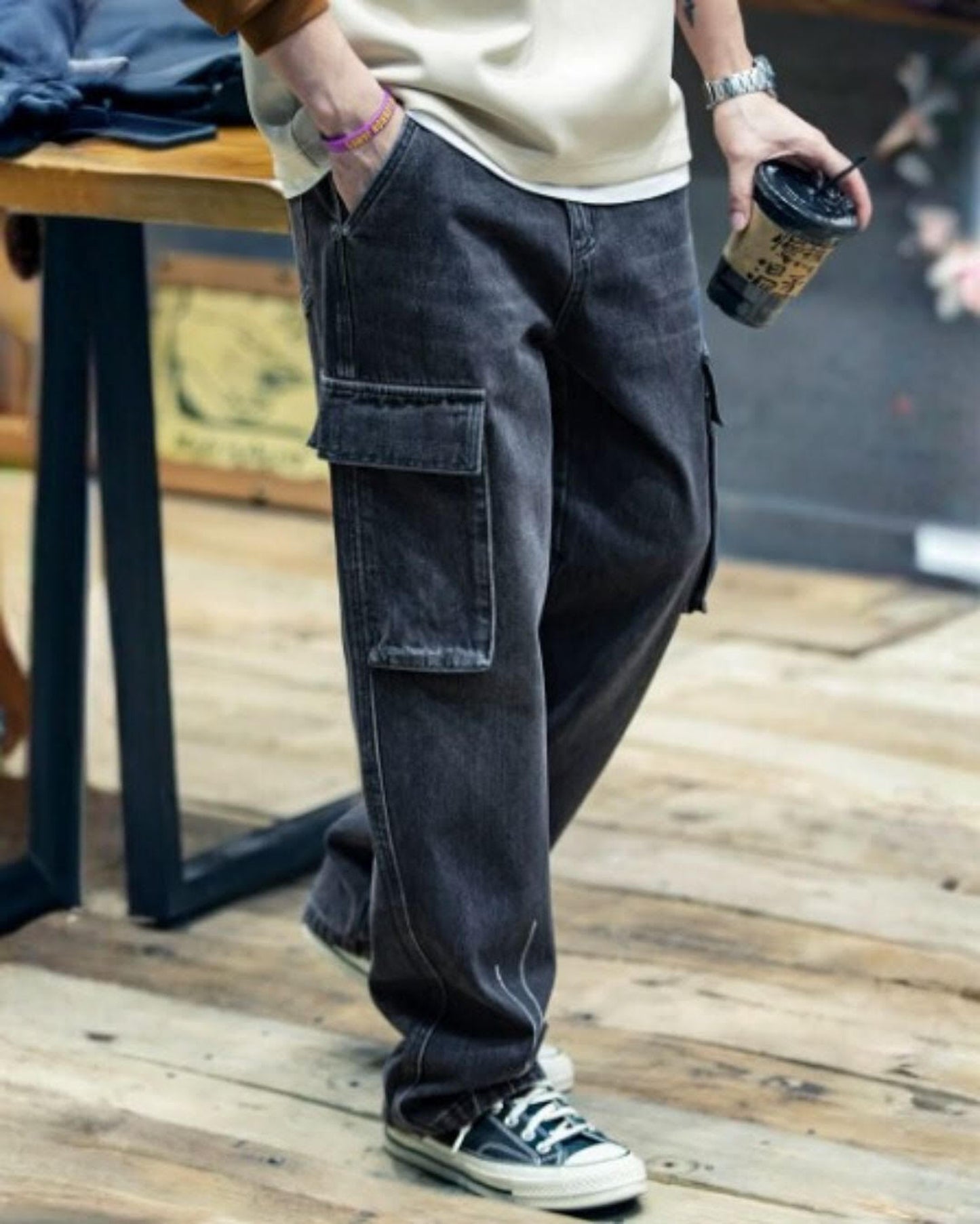 patch pocket wide denim cargo pants 【ACT0006】