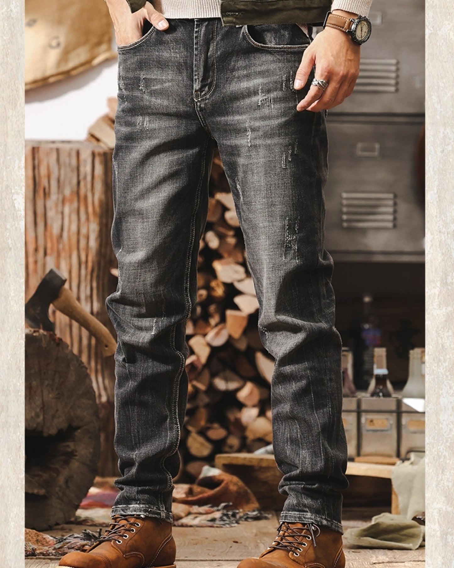 heavy weight classic retro straight denim pants 【ACT0195】