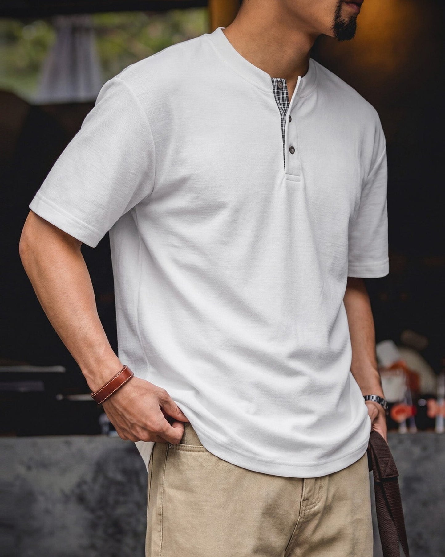 Waffle Relaxed Plaid-Trimmed Henley Neck T-Shirt 2color 【ACT0107】