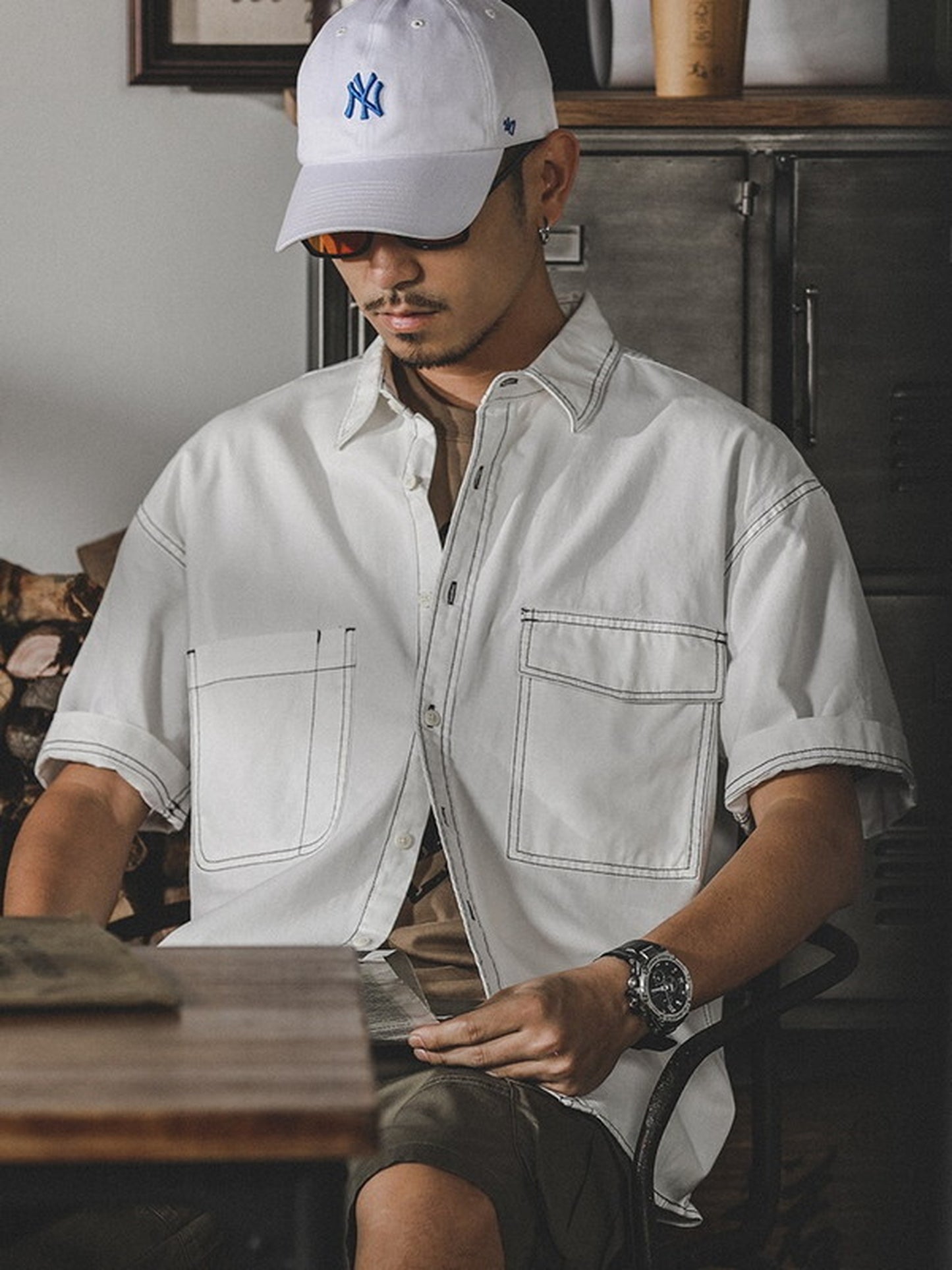 loose-fit stitched pocket short-sleeve cotton shirt 【ACT0252】