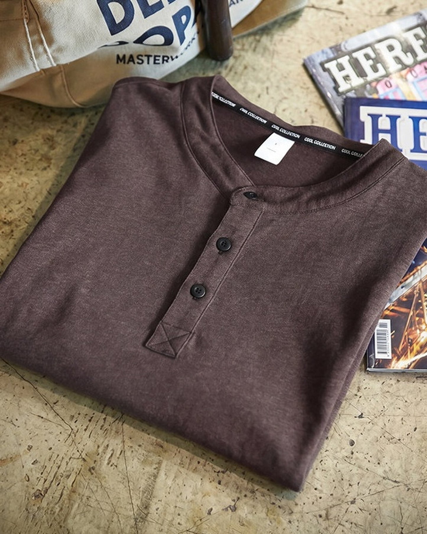 Relaxed Contrast-Trim Heavyweight Cotton Henley T-Shirt 【ACT0100】