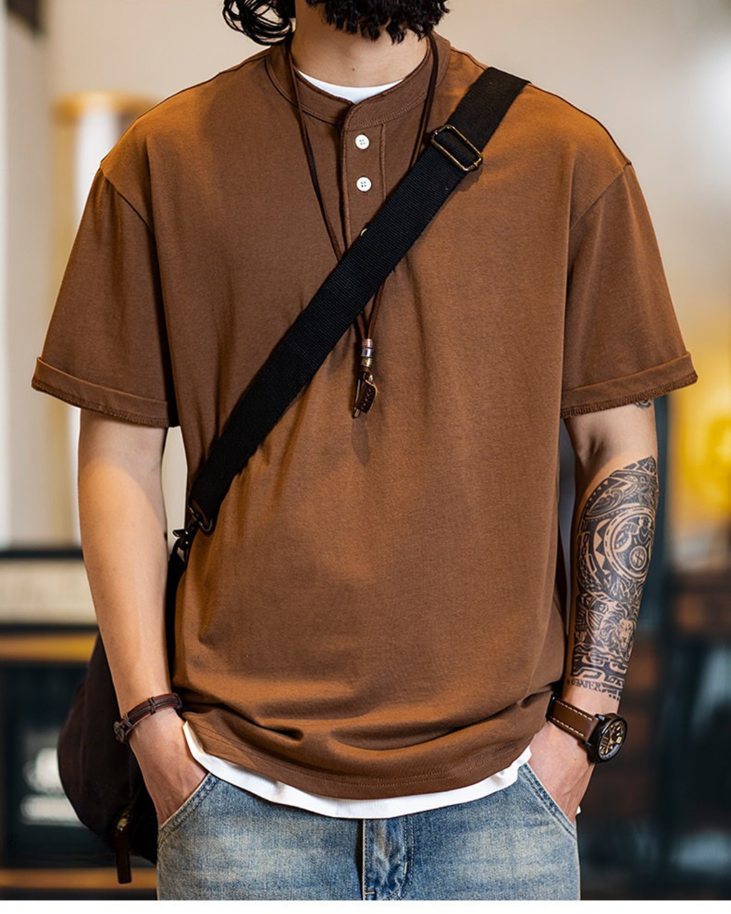 Button detail casual neck t-shirt 4color 【ACT0154】