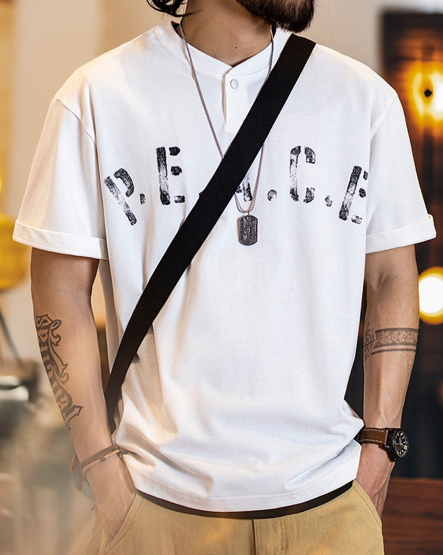 Letter-Print Loose Casual Henley-Neck T-Shirt 2color 【ACT0080】