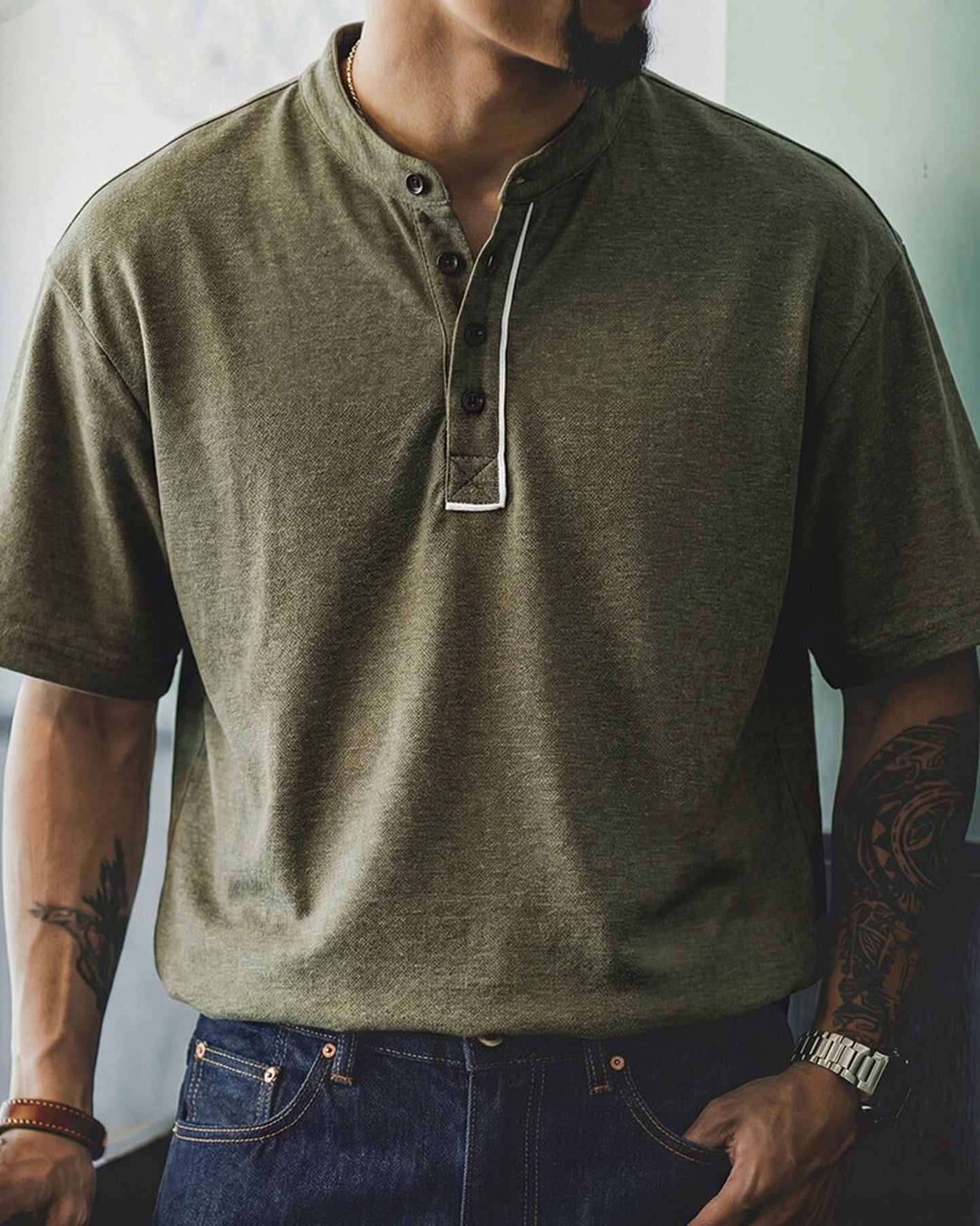 Linen-Blend Piping Relaxed Henley Neck T-Shirt 【ACT0113】