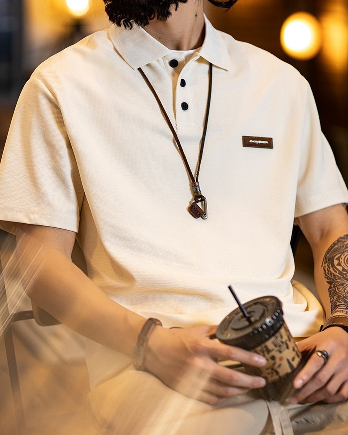 Patch Polo Loose Short -Sleeve Casual T-Shirt 2color 【ACT0075】