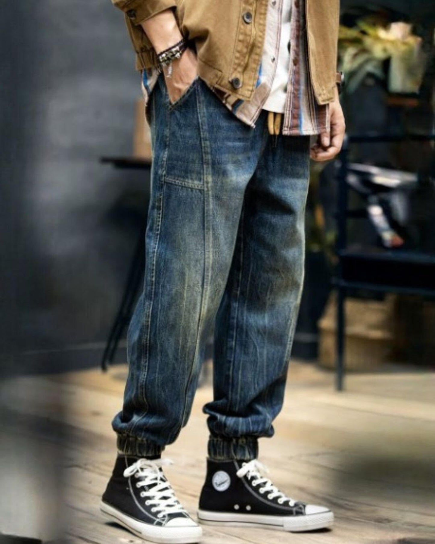vintage-processed tapered denim pants 【ACT0007】