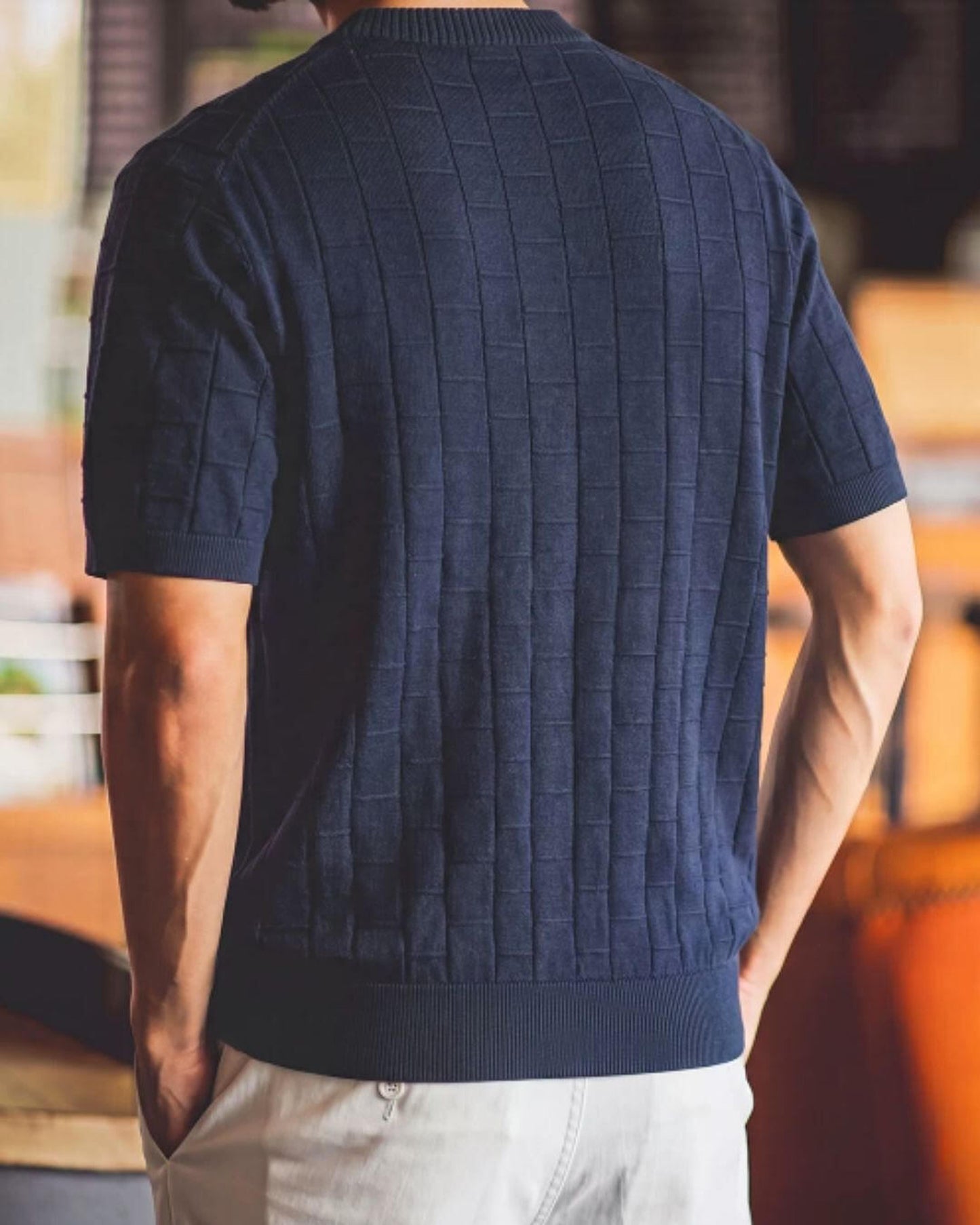 checked crew neck knit short sleeve shirt 2color 【ACT0044】