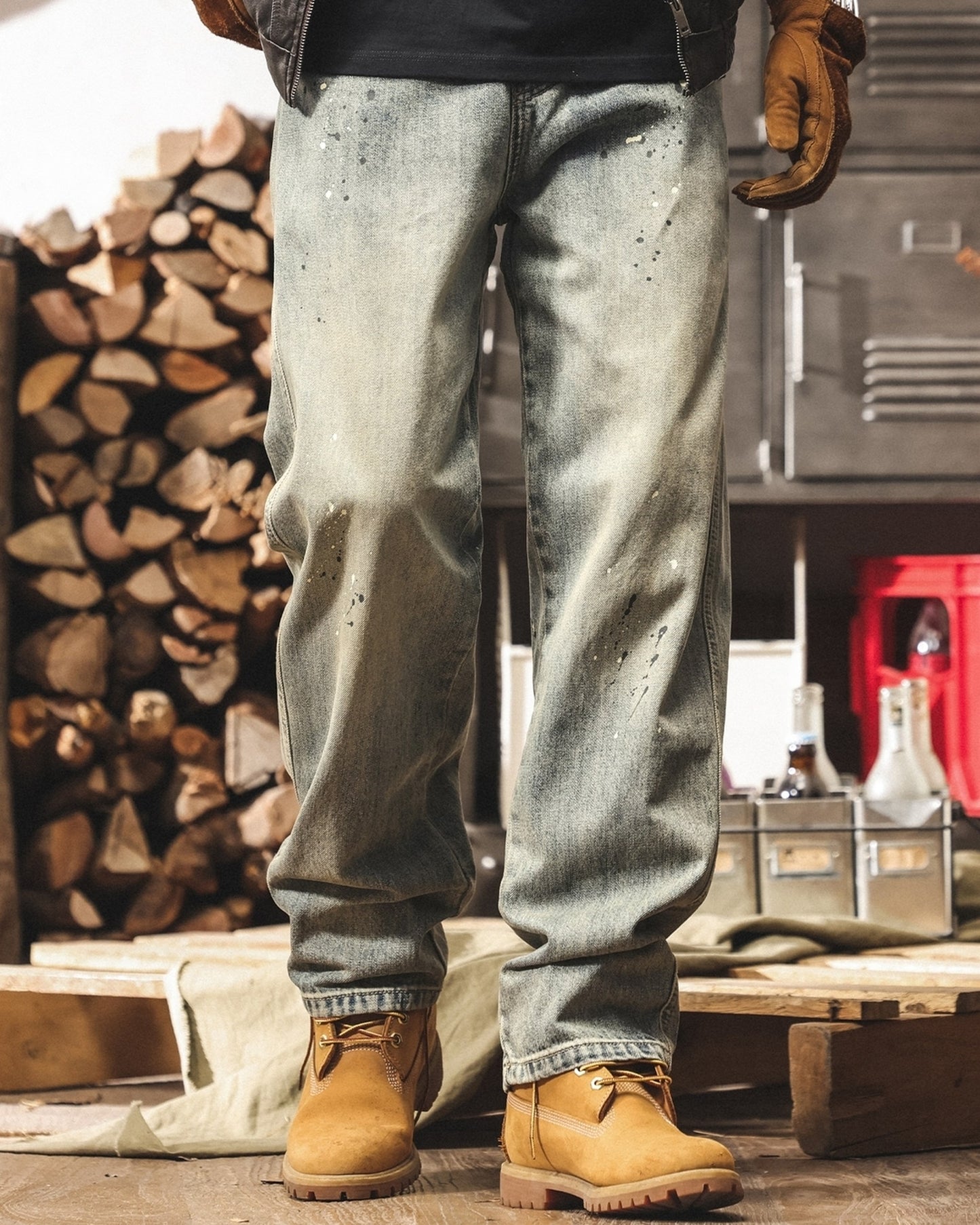 vintage wash splash loose straight denim pants 【ACT0225】
