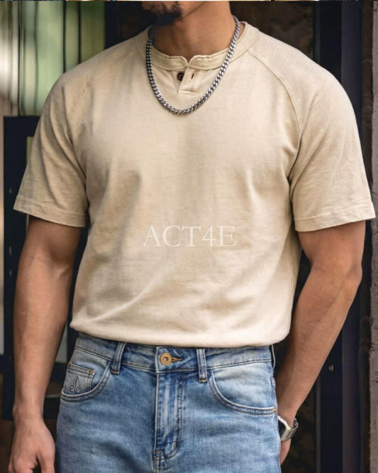 button fastening henley neck t-shirt 2color 【ACT0038】