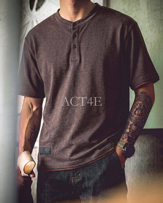Relaxed Contrast-Trim Heavyweight Cotton Henley T-Shirt 【ACT0100】
