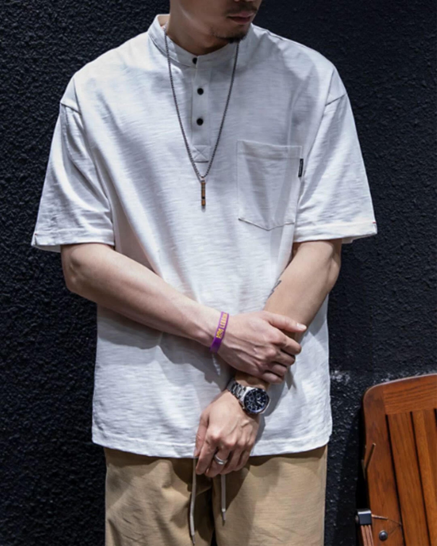 button front patch pocket short sleeve t-shirt 2color 【ACT0048】