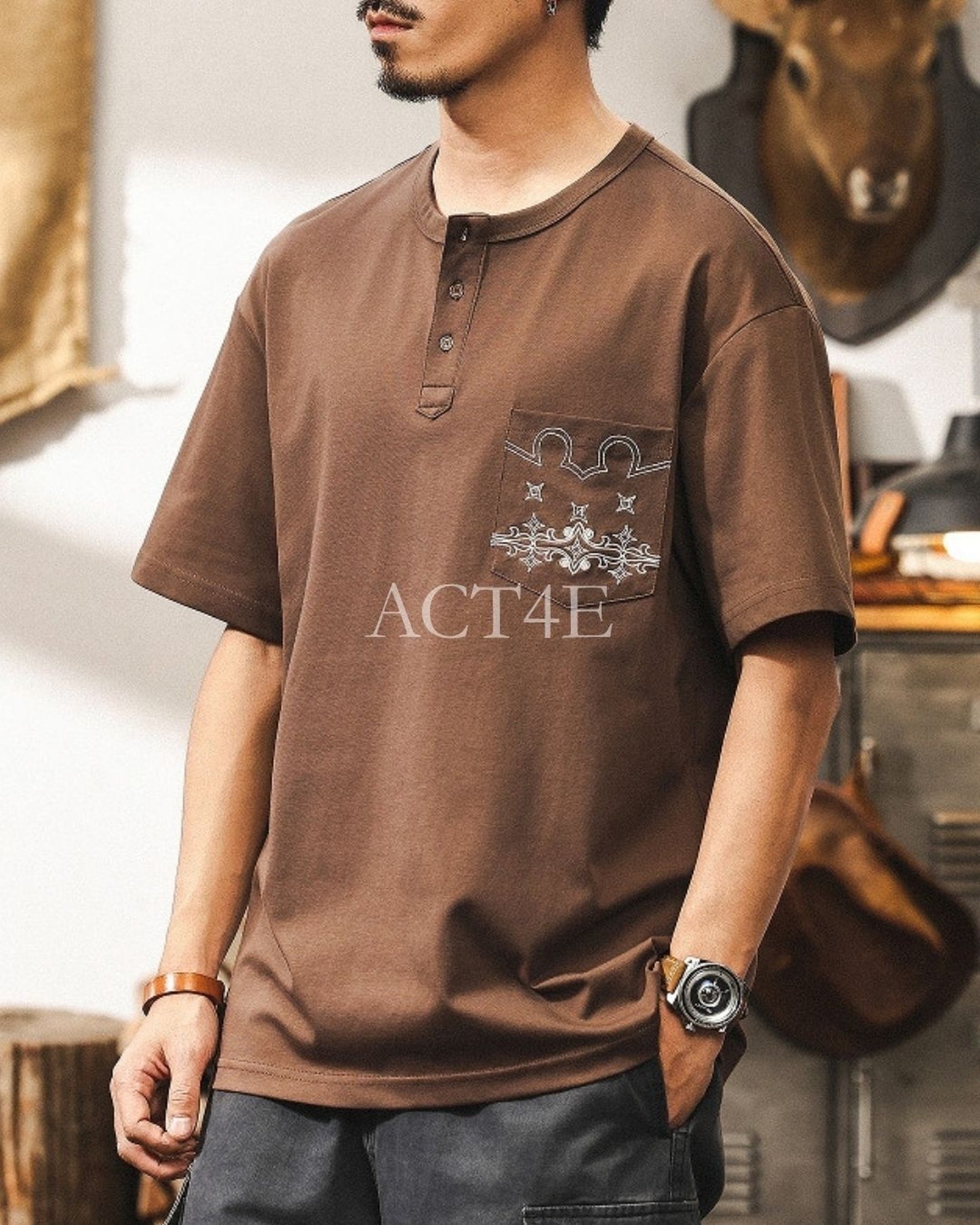 embroidery pocket henley neck short sleeve T-shirt 【ACT0234】